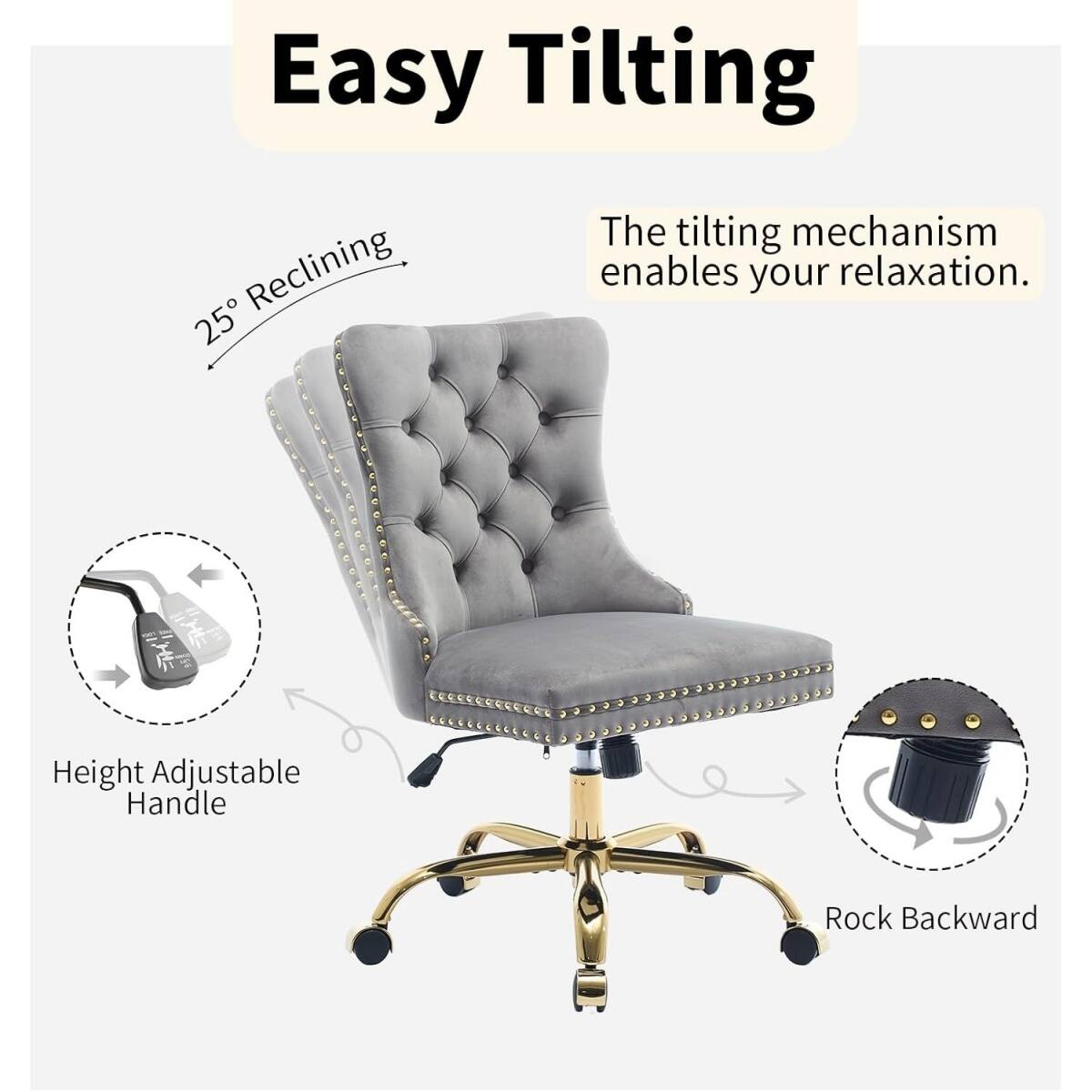 Easy Tilting

The tilting mechanism enables your relaxation.

25° Reclining

Height Adjustable Handle

Rock Backward