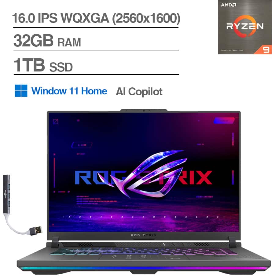 ASUS - ROG Strix G16 Laptop 16.0 WQXGA (AMD Ryzen 9 9955HX, 32GB DDR5, 1TB SSD, Win 11 Home) w/USB Hub - Eclipse Gray