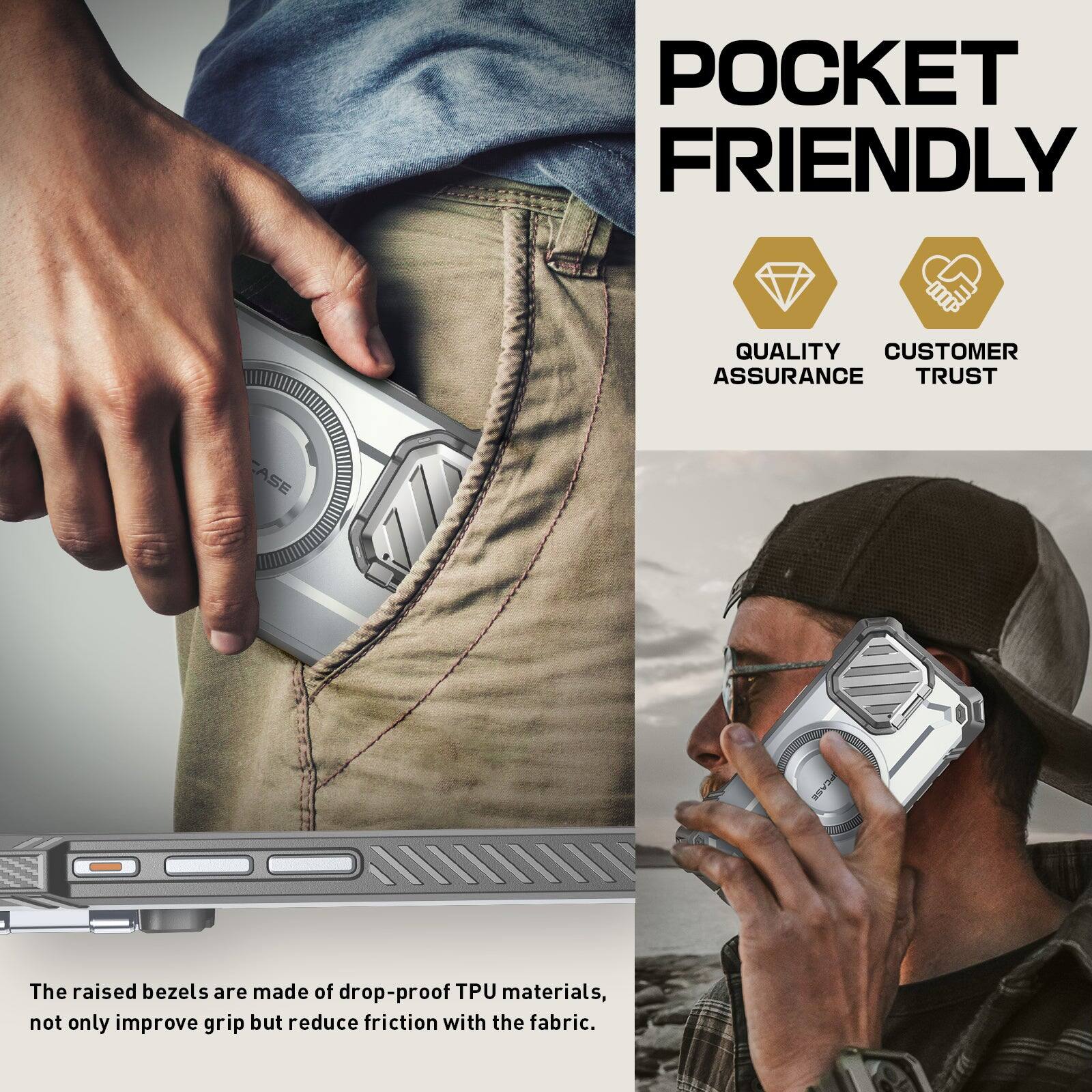 POCKET FRIENDLY QUALITY CUSTOMER ASSURANCE TRUST CASE PCAEE

The raised bezels are made of drop-proof TPU materials, not only improving grip but reducing friction with the fabric.
