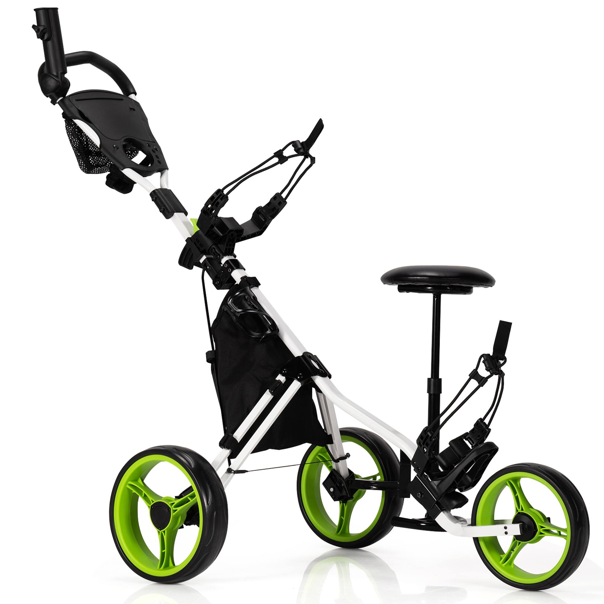 Front. Gymax - Gymax 3-Wheel Foldable Golf Push Pull Cart Trolley w/ Seat Adjustable Handle Green - Green.