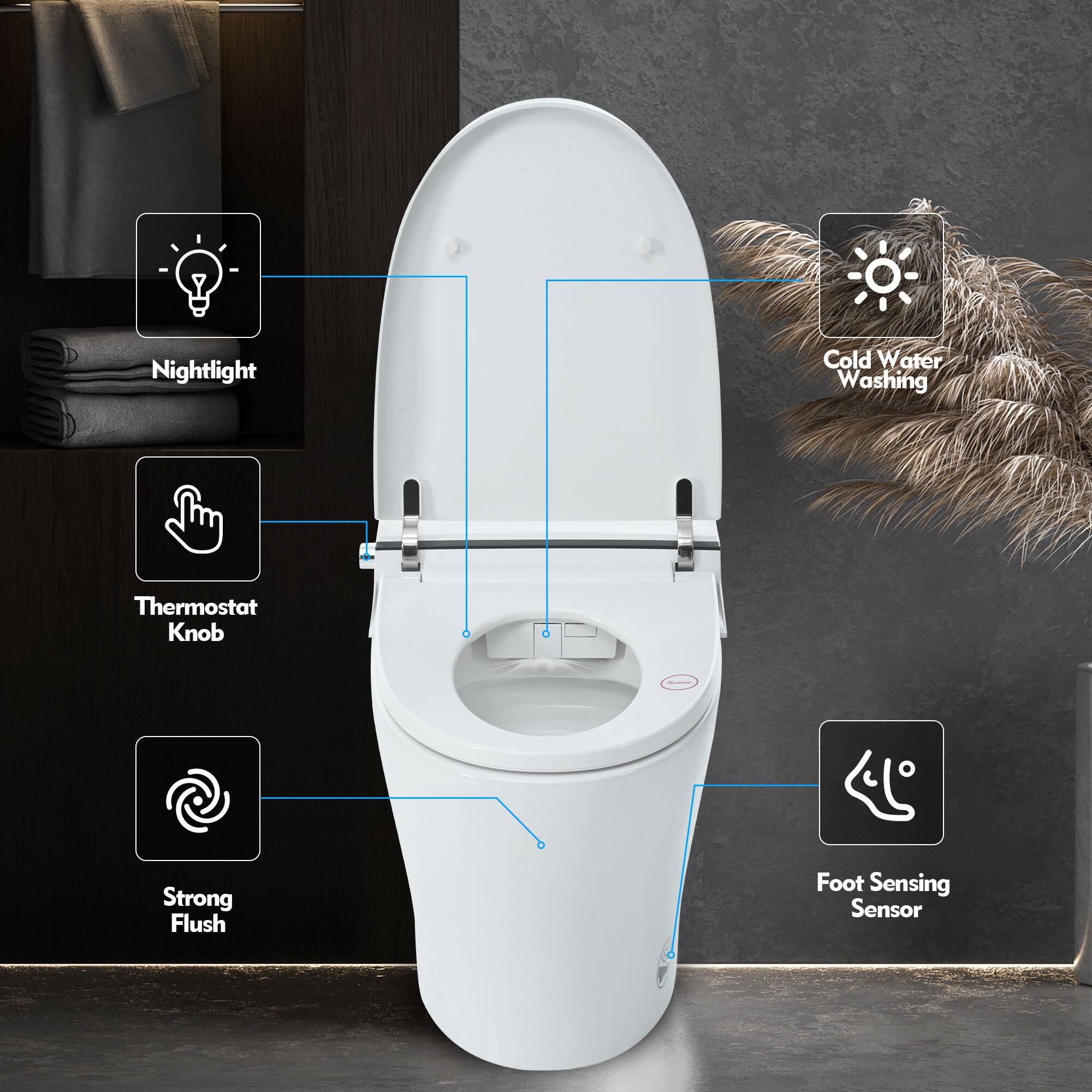 - Nightlight
- Thermostat Knob
- Strong Flush
- Cold Water Washing
- Foot Sensing Sensor