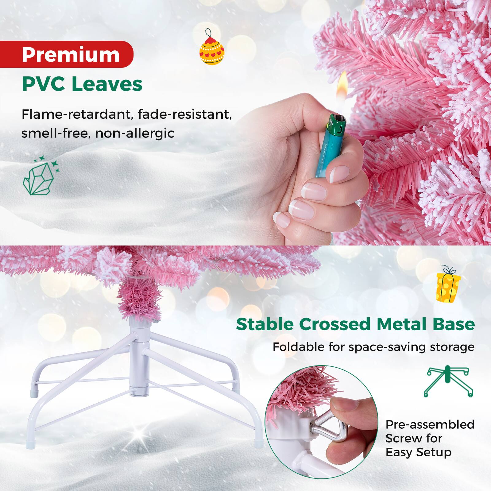 Premium PVC Leaves  
Flame-retardant, fade-resistant, smell-free, non-allergic  

Stable Crossed Metal Base  
Foldable for space-saving storage  

Pre-assembled Screw for Easy Setup