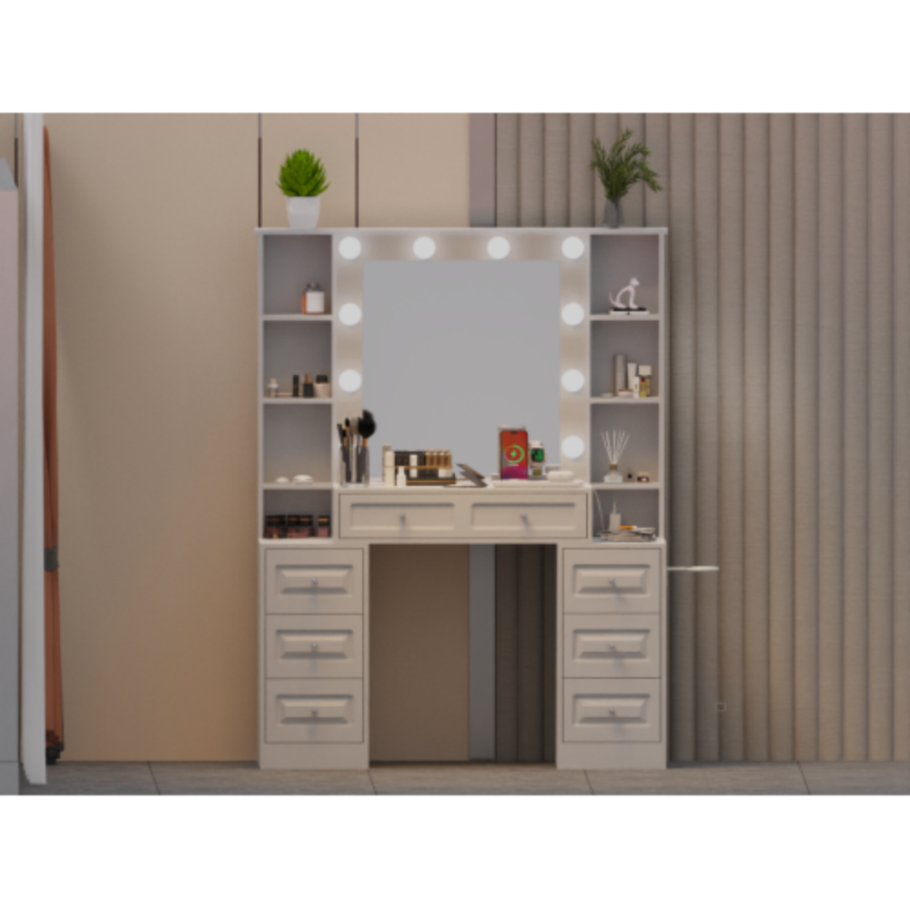 Left. LUCKY ONE - Vanity Desk with Lighted Mirror, Charging Station, 7 Drawers and Open Shelves for Bedroom - White.