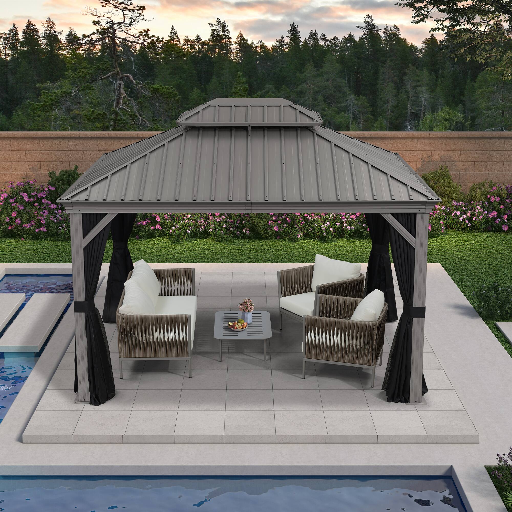 Alt View 1. PURPLE LEAF - 10' X 12' Light Gray Aluminum Power-Coated Frame Galvanized Steel Double Roof Hardtop Gazebo,Hooks Netting Curtain - 10' X 12'.