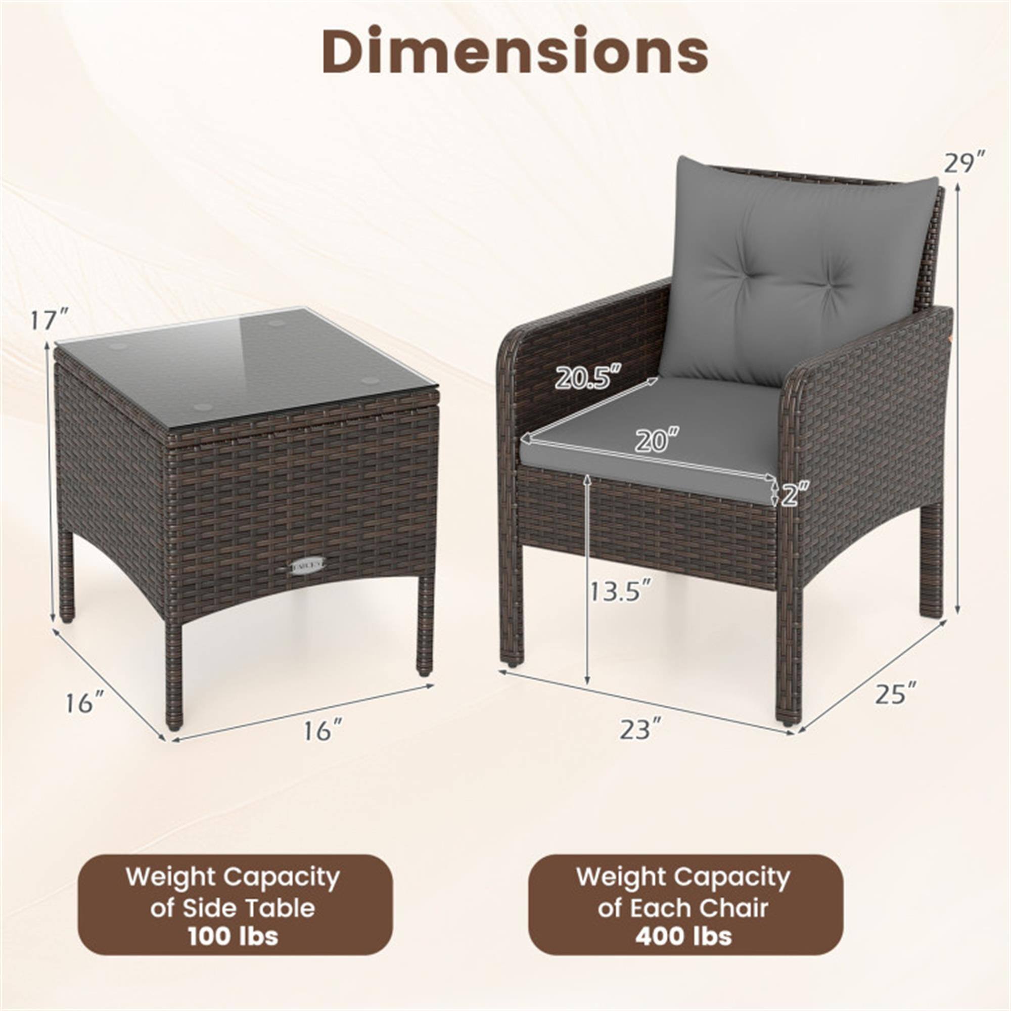 Dimensions:  
- 29"  
- 17"  
- 20.5"  
- 20"  
- 2"  
- 13.5"  
- 16"  
- 16"  
- 23"  
- 25"  

Weight Capacity of Side Table: 100 lbs  

Weight Capacity of Each Chair: 400 lbs