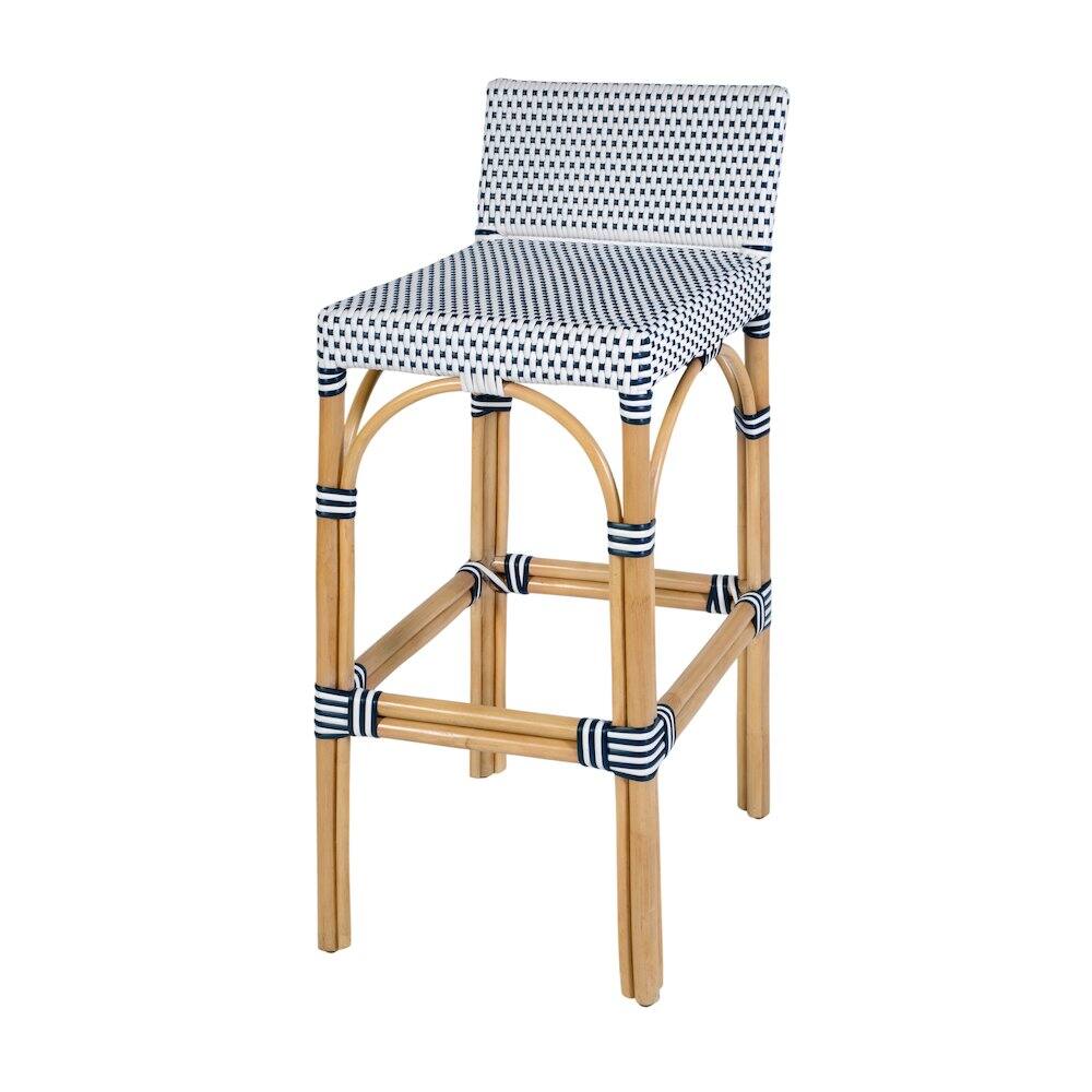 Alt View 3. Butler Specialty - Serienna 30 in. Seat Height Rectangular Rattan Low Back Bar Stool White and Navy - White And Navy.