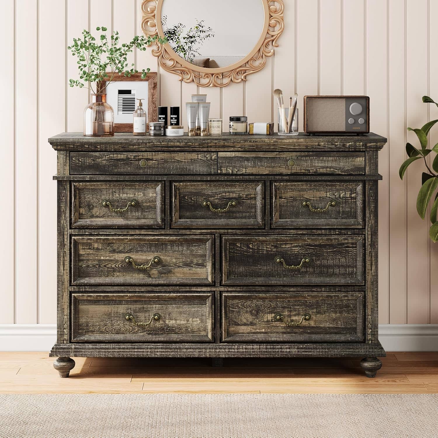 Qeetex - Black 9 Drawer Dresser for Bedroom, 47" Wide Rustic Chest with Vintage Metal Handles, Wood Organizer for Closet - Black