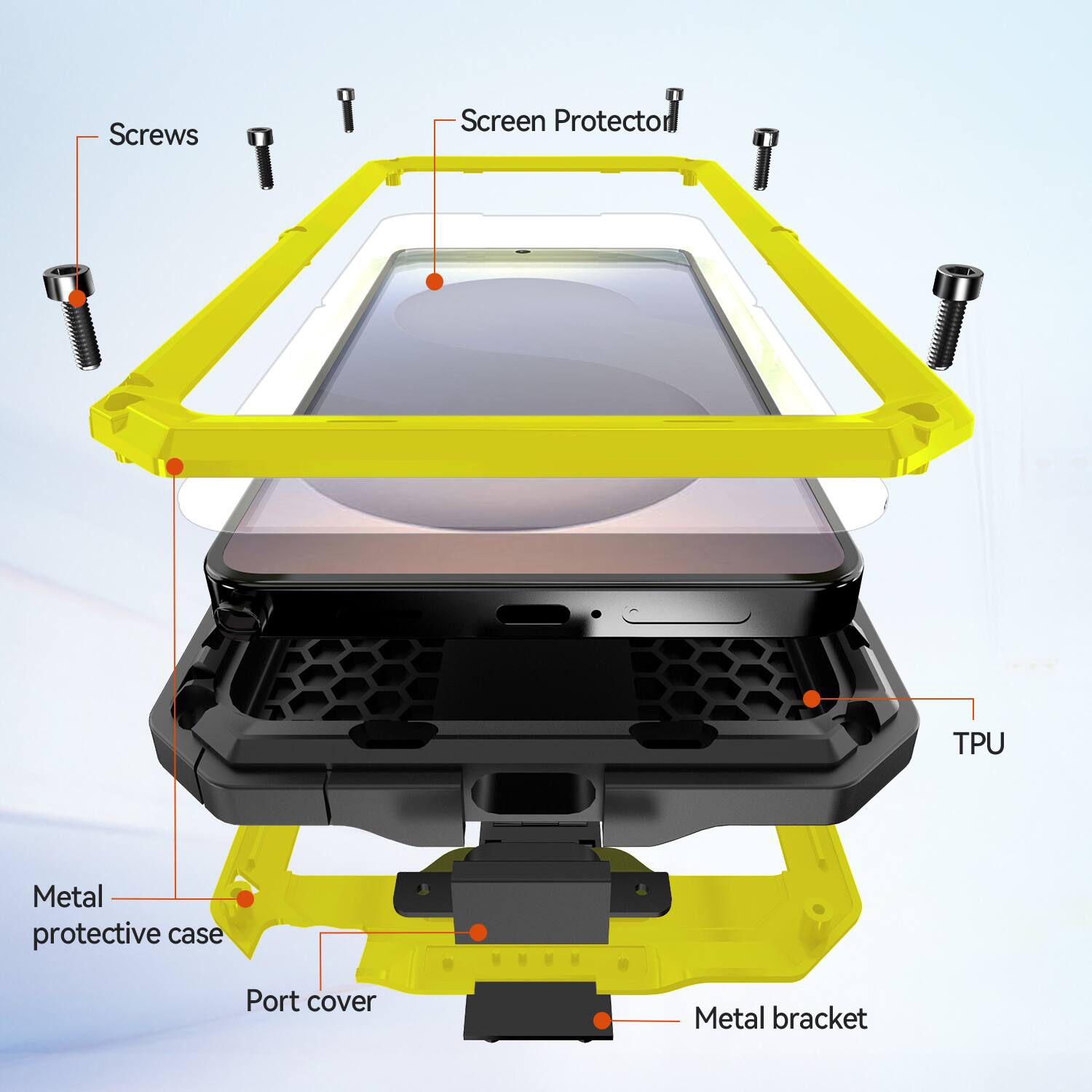 Screws  
Screen Protector  
TPU  
Metal protective case  
Port cover  
Metal bracket