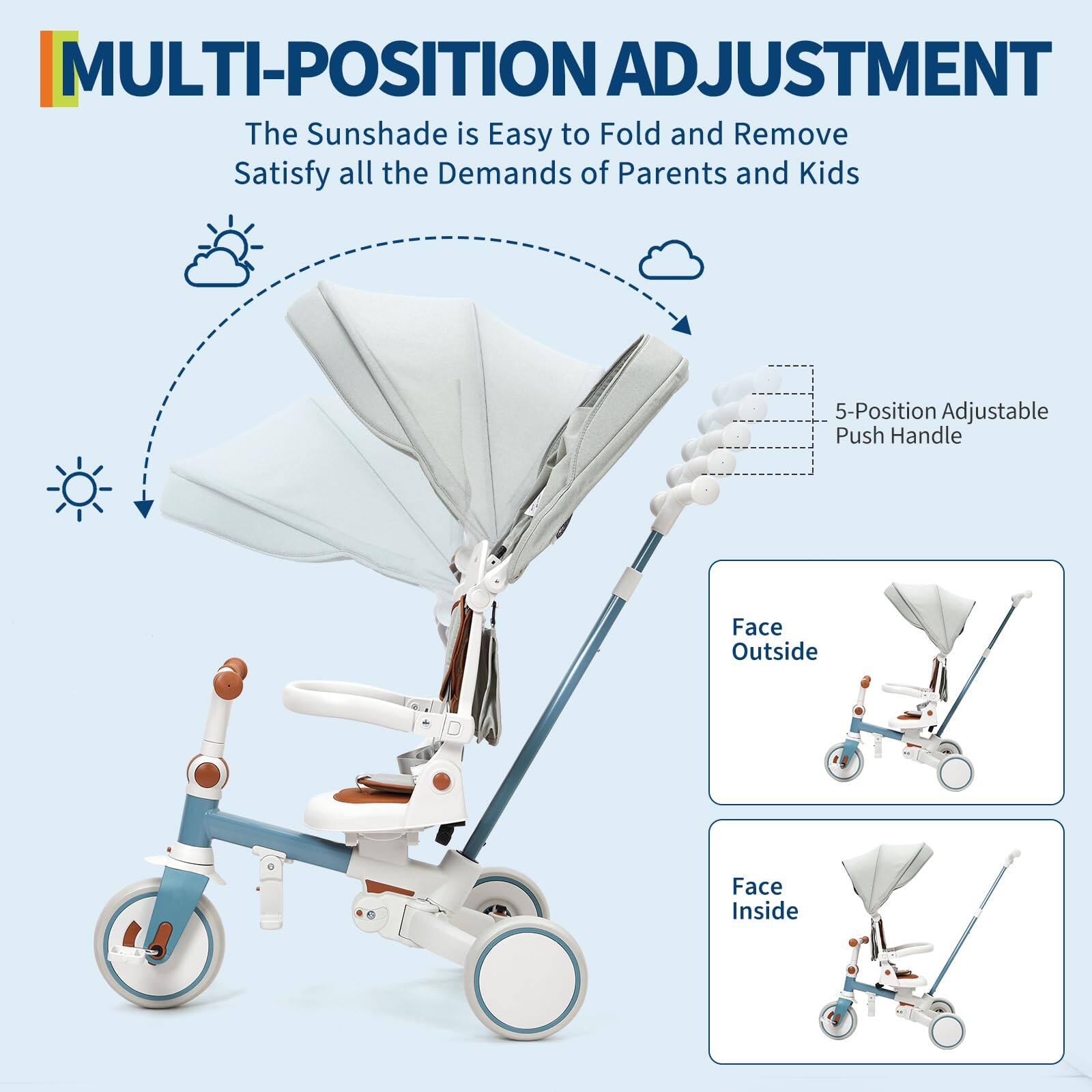 **MULTI-POSITION ADJUSTMENT**

The Sunshade is Easy to Fold and Remove  
Satisfy all the Demands of Parents and Kids

- 5-Position Adjustable Push Handle
- Face Outside
- Face Inside