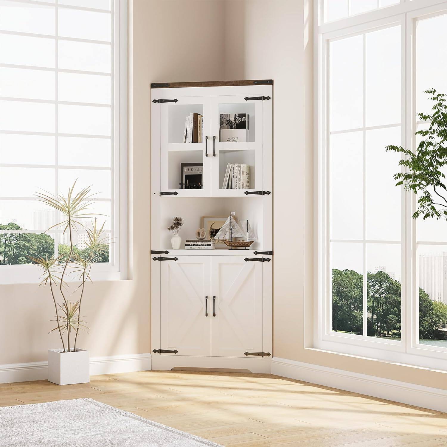 Front. Homhougo - 67" Corner Cabinet, Glass Door, Adjustable Shelves, Space-Saving, White - White.