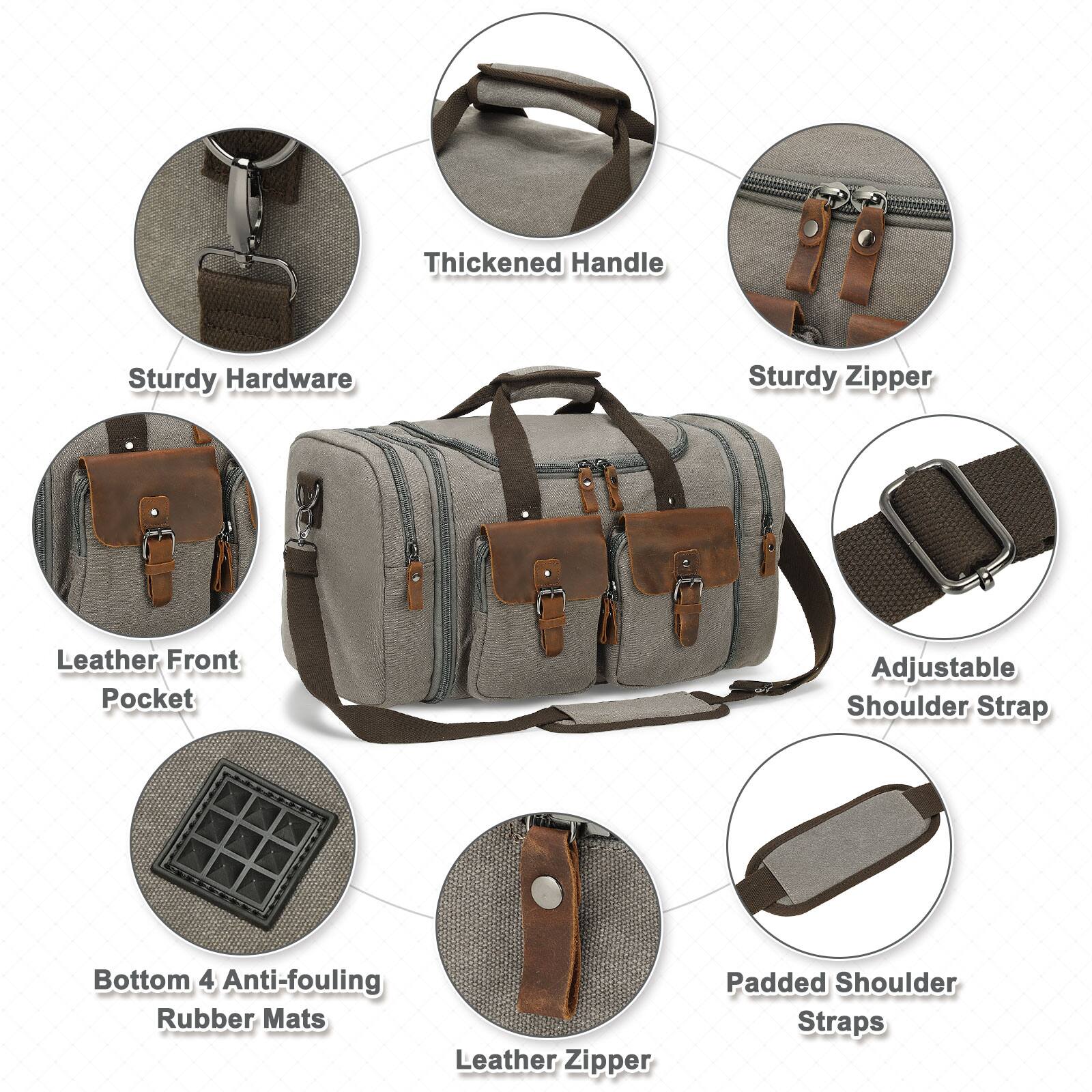 - Thickened Handle
- Sturdy Hardware
- Sturdy Zipper
- Leather Front Pocket
- Adjustable Shoulder Strap
- Bottom 4 Anti-fouling Rubber Mats
- Leather Zipper
- Padded Shoulder Straps