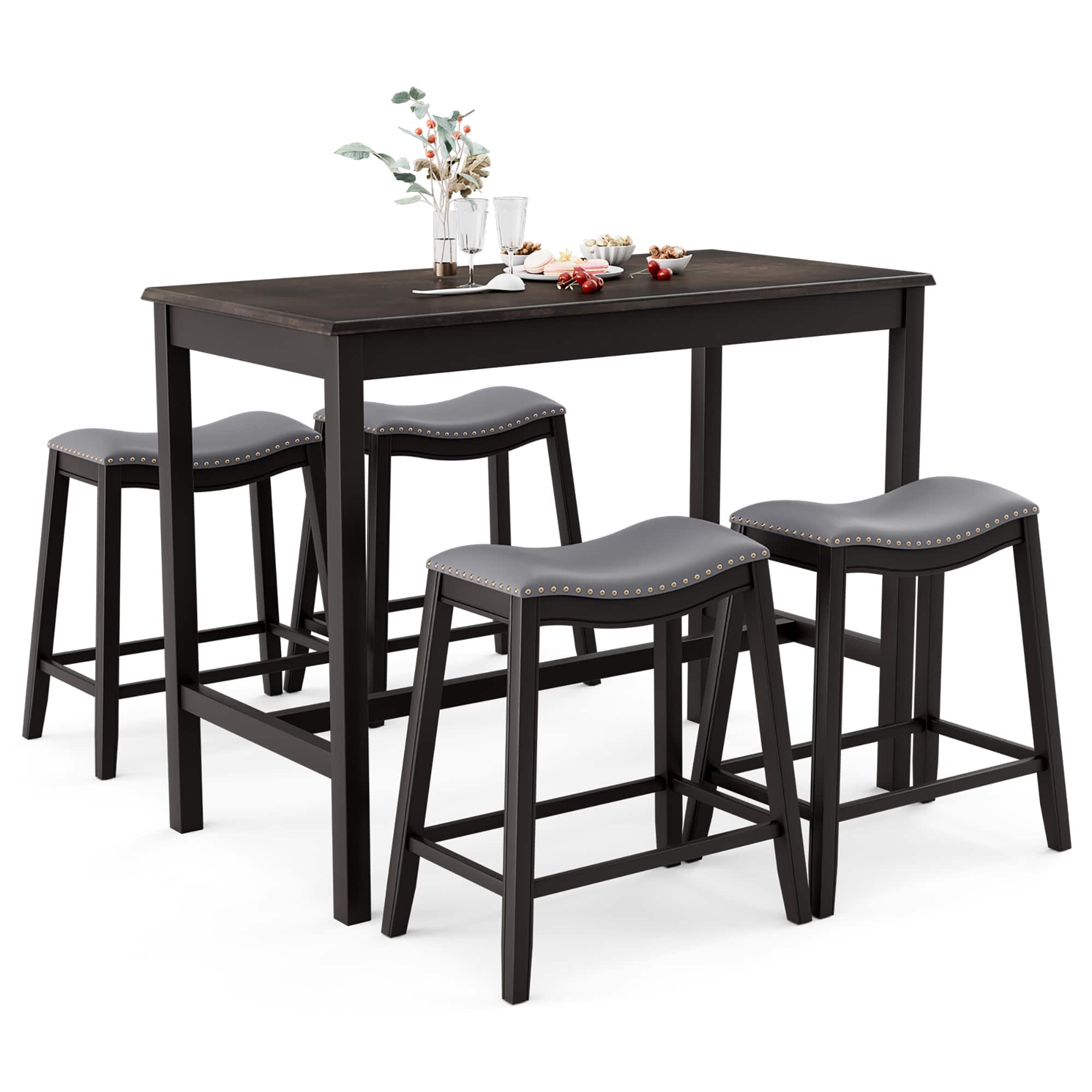 Front. Costway - 5PCS Bar Table Set Counter Height Table & Upholstered Saddle Stools Set for 4 - Black/Gray.