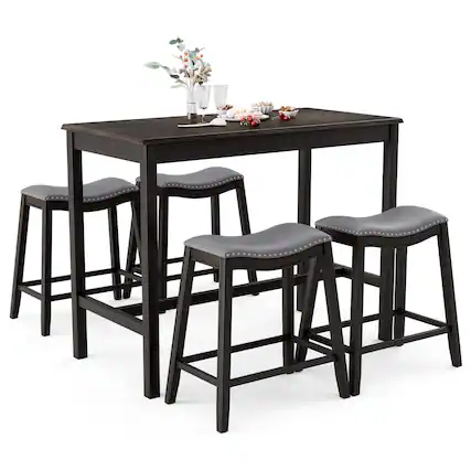 Front. Costway - 5PCS Bar Table Set Counter Height Table & Upholstered Saddle Stools Set for 4 - Black/Gray.