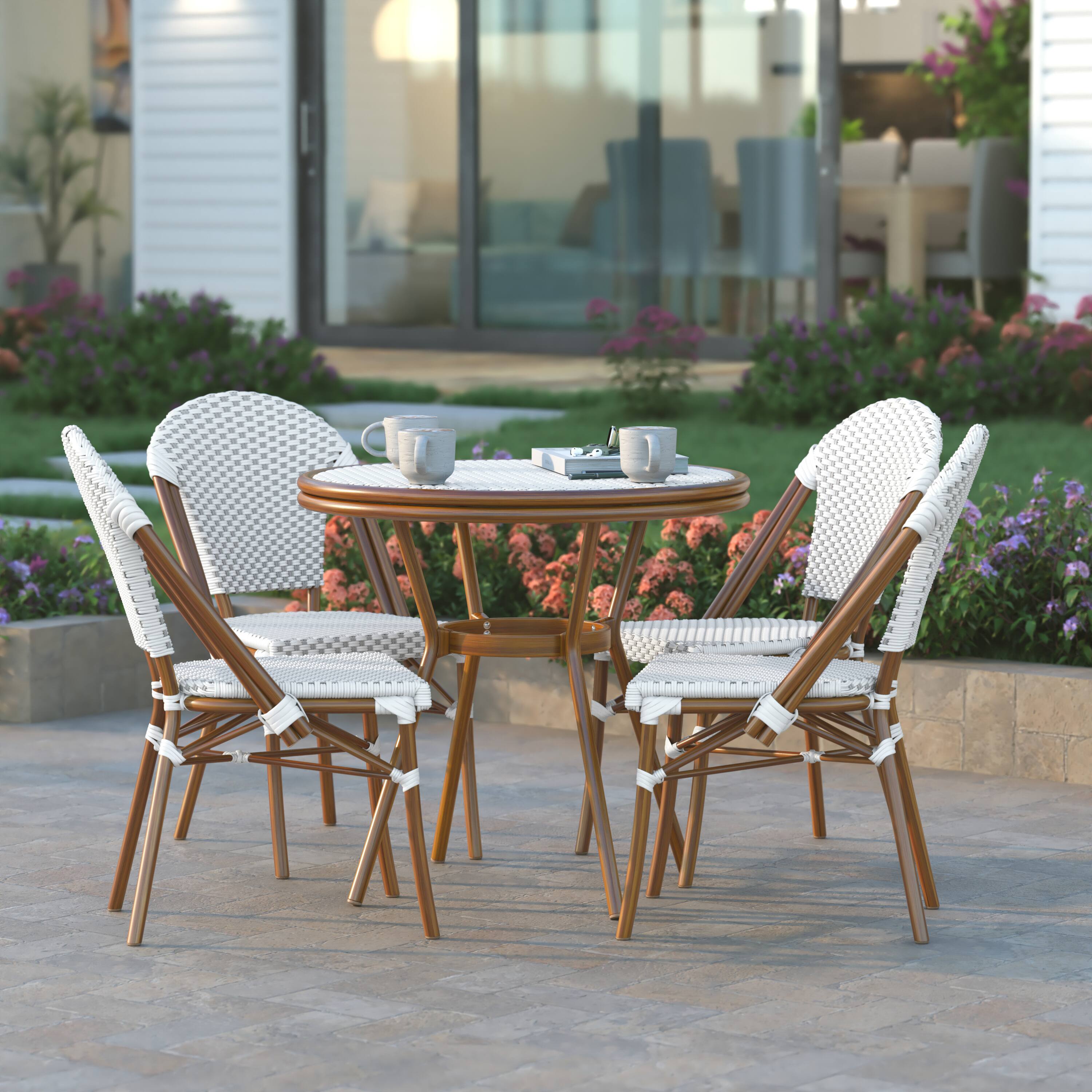 Alt View 3. Emma + Oliver - Colmar Indoor/Outdoor Bistro Style 31.5 in. Table with PE Rattan, Glass Top, and Four Chairs - Metal Frame - White & Gray Rattan/Natural Frame.