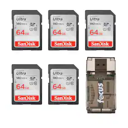 SanDisk - 64GB 140 MB/s SDXC Memory Card (5-pack) with All-In-One Card Reader