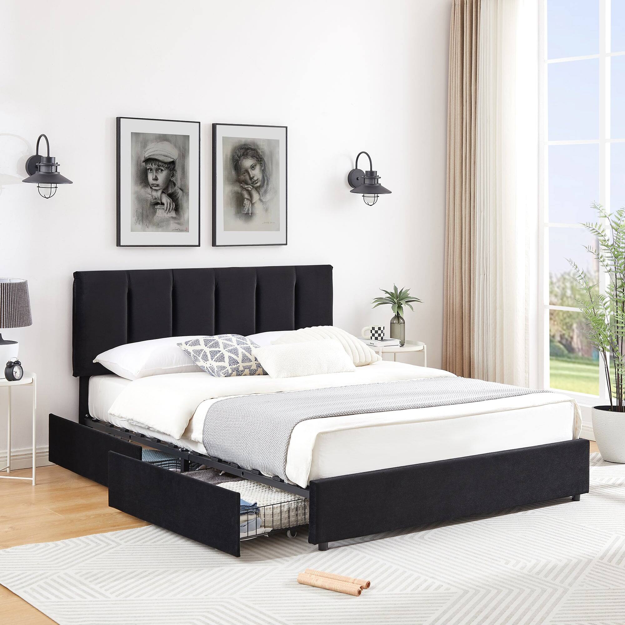 Alt View 2. Vecelo - Full Upholstered Bed Frame with 4 Storage Drawers, Adjustable Velvet Headboard, No Box Spring Needed, Metal Platform - Black.