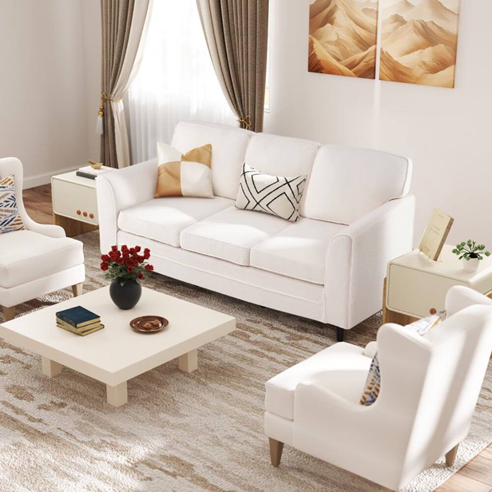 Back. Pefilos - Upholstered Teddy Velvet 3-Seat Sofa with Comfy Back Pillows, Spacious Sofa - White.