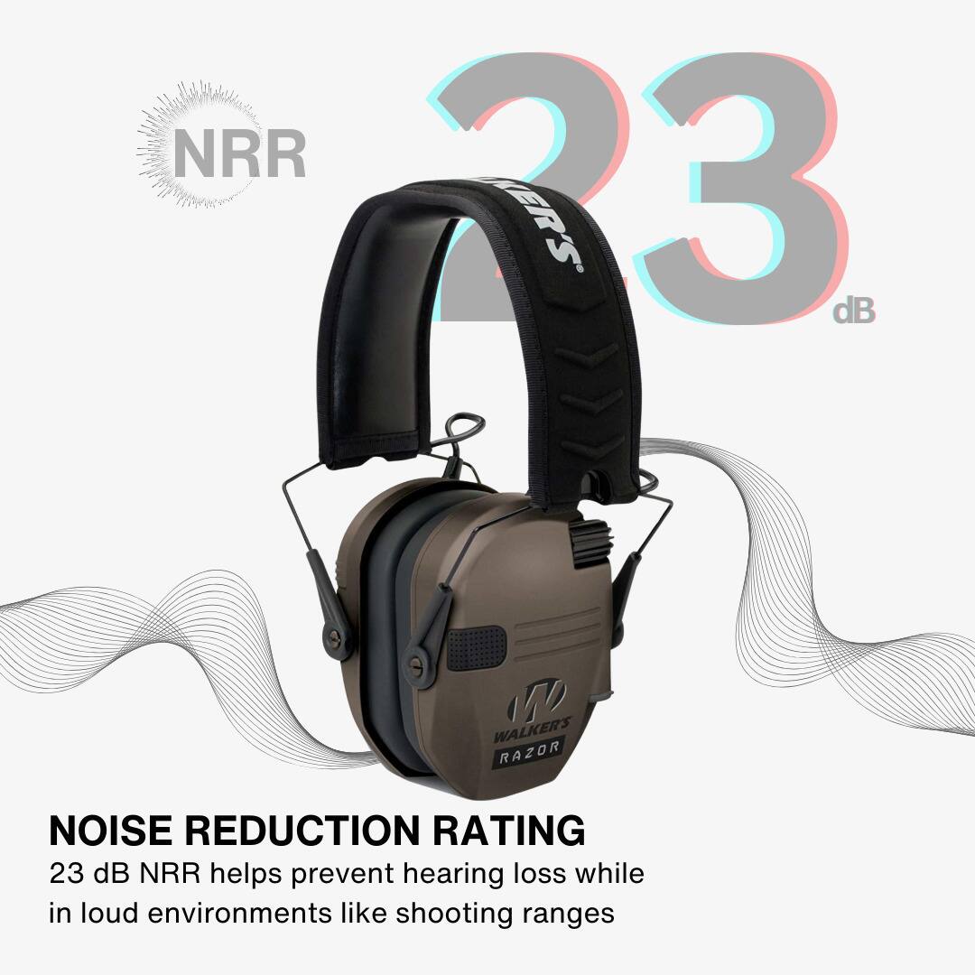 NRR 33 dB  
WALKER'S RAZOR  
NOISE REDUCTION RATING  
23 dB NRR helps prevent hearing loss while in loud environments like shooting ranges