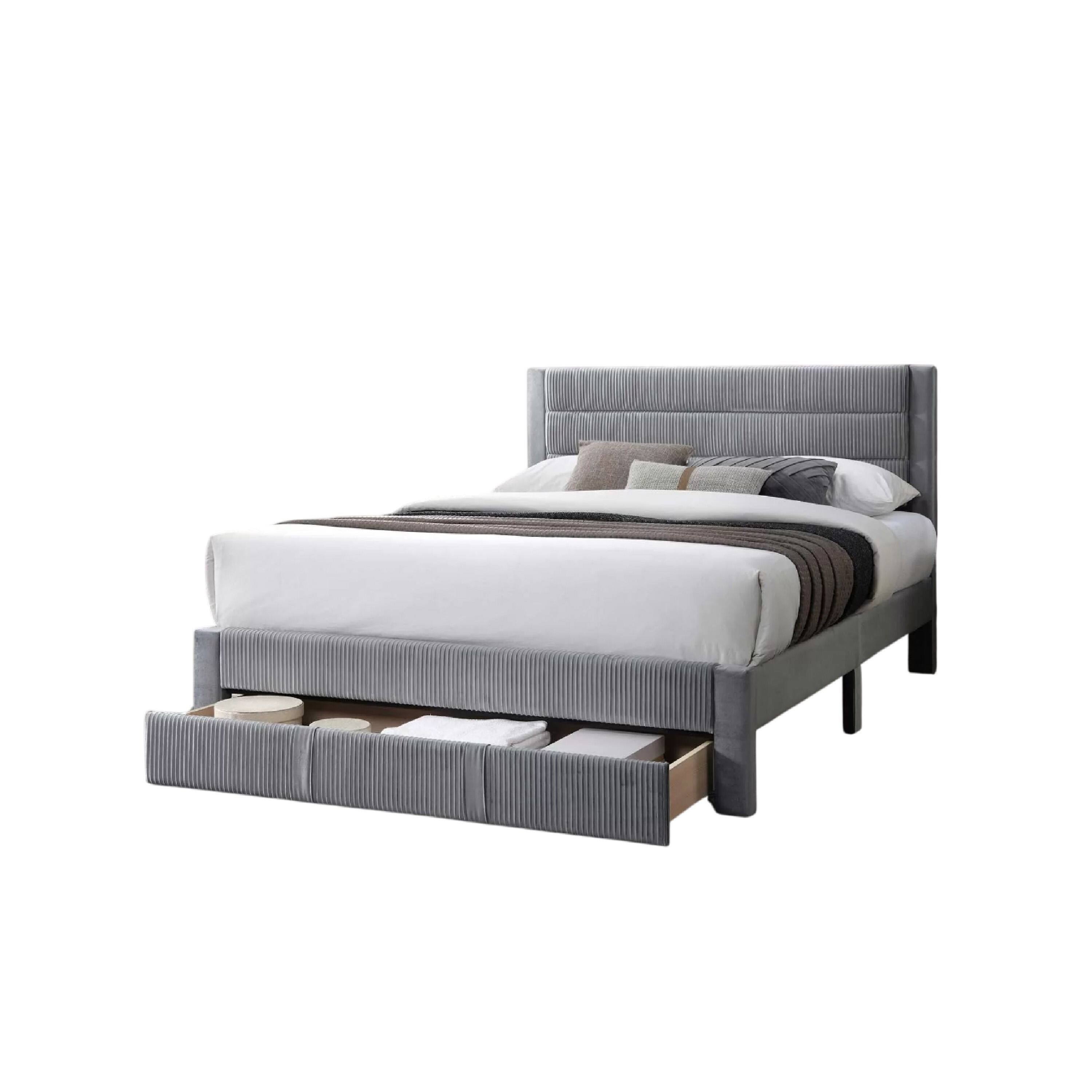 Alt View 2. Manhattan Lane - Daisy Full Bed w Drawer, Light Gray Corduroy Upholstery, Foam Headboard - Light Gray.