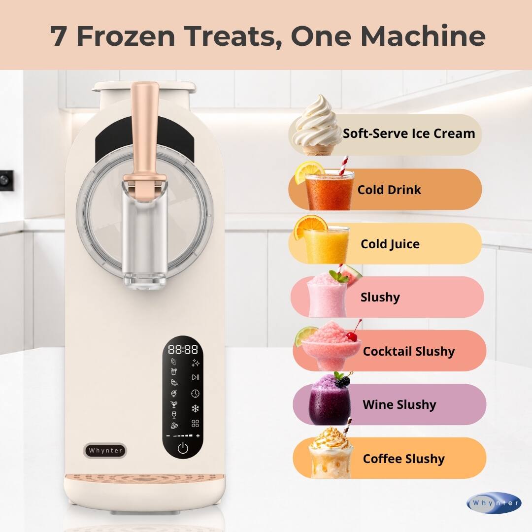 7 Frozen Treats, One Machine  
Soft-Serve Ice Cream  
Cold Drink  
Cold Juice  
Slushy  
Cocktail Slushy  
Wine Slushy  
Coffee Slushy