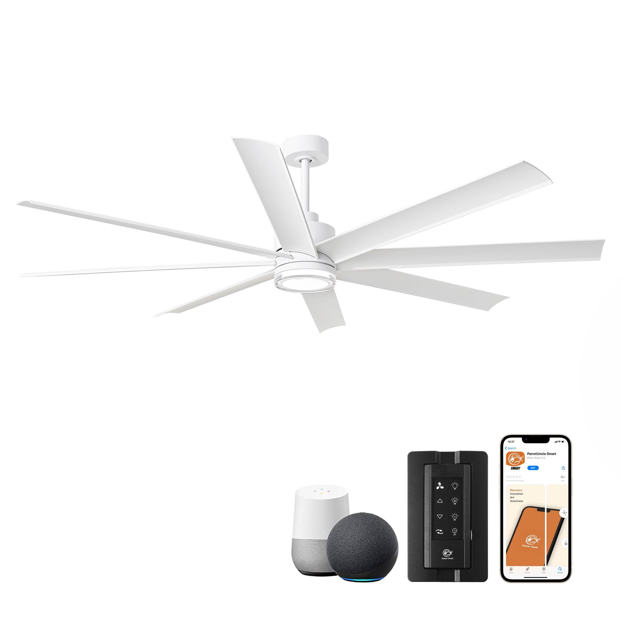 Parrot Uncle - 72" Modern Large Smart Ceiling Fan with Light and Remote, App Control, Voice Control - White