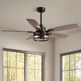 Siljoy - 52 Inch Caged Farmhouse Ceiling Fan with Lights & Remote for Bedroom, Living Room & Patio Indoor/Outdoor - Black