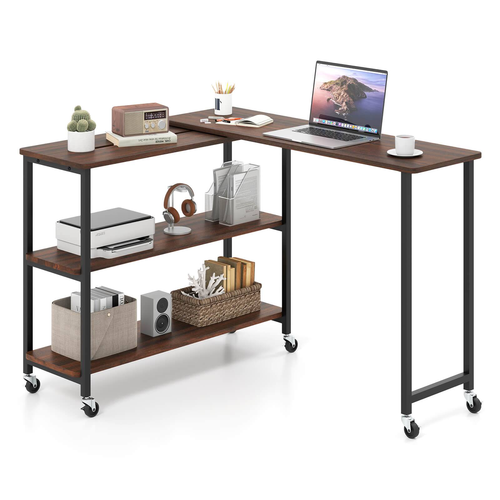 Costway - 360° Rotation Mobile Laptop Table with 2-Tier Storage Shelves & 6 Universal Wheels - Walnut
