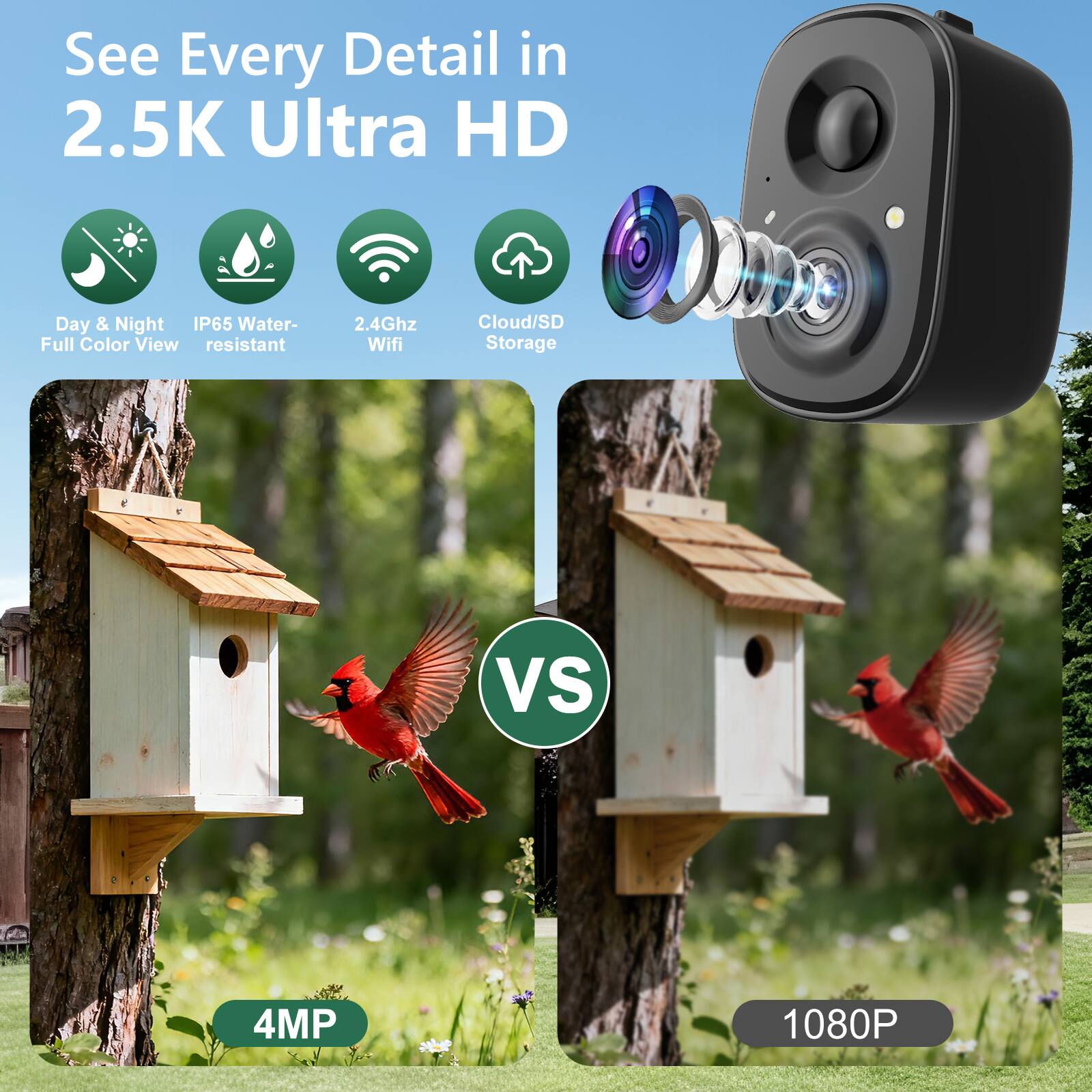 See Every Detail in 2.5K Ultra HD

- Day & Night Full Color View
- IP65 Water-resistant
- 2.4Ghz Wifi
- Cloud/SD Storage

VS

4MP 1080P