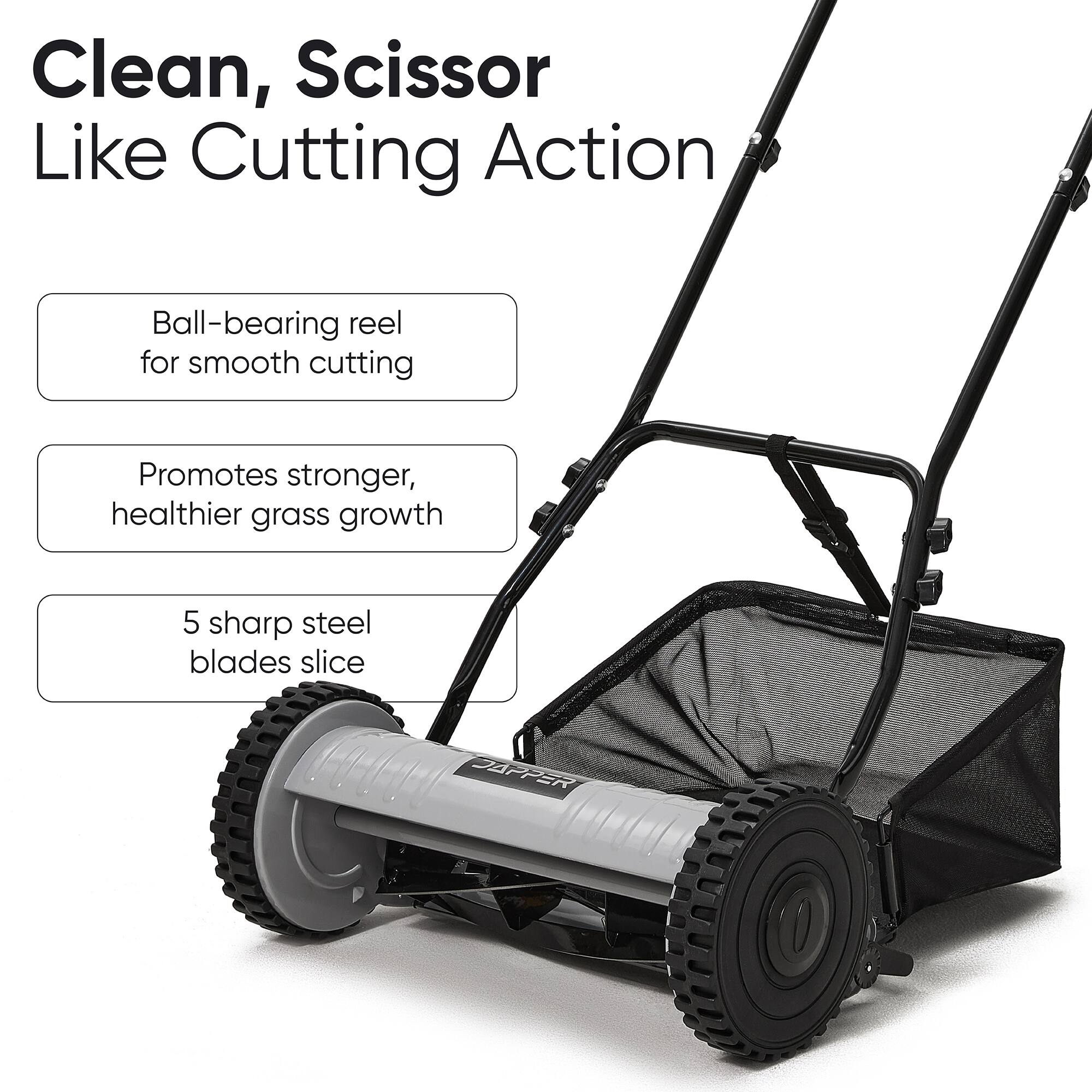Clean, Scissor Like Cutting Action  
Ball-bearing reel for smooth cutting  
Promotes stronger, healthier grass growth  
5 sharp steel blades slice
