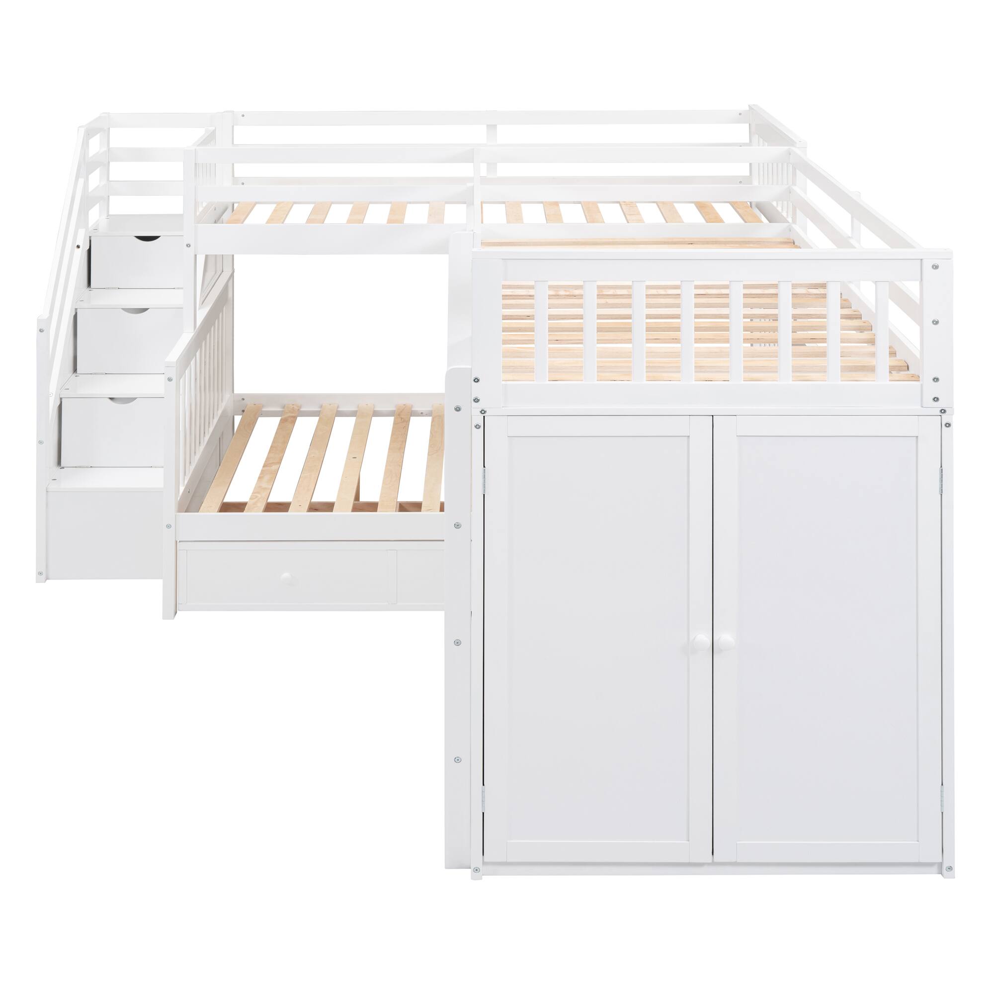 Back. Tiramisubest - Twin-Twin L-Shaped Bunk Bed, 3 Drawers, Portable Desk, Wardrobe, White - White.