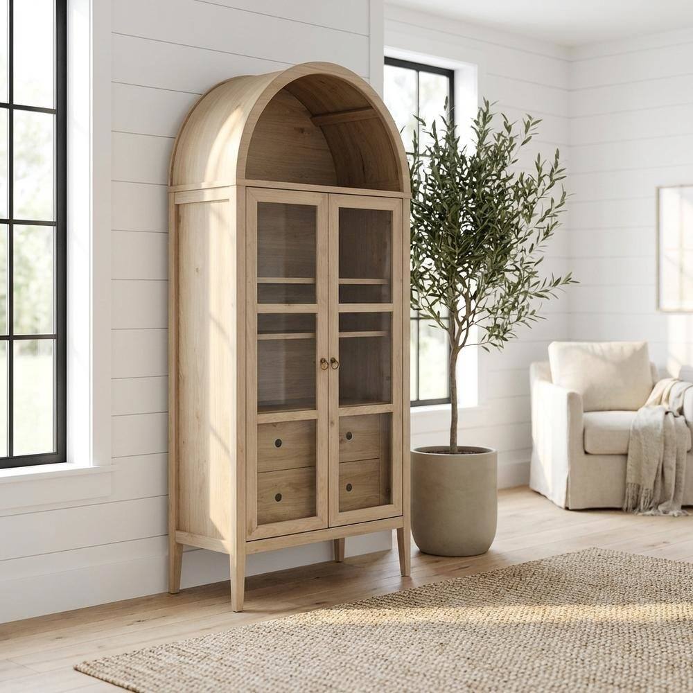 Angle. FurniFact - Tall Arched Storage Cabinet In Rustic Finish With Versatile Display And Storage - Light Oak.
