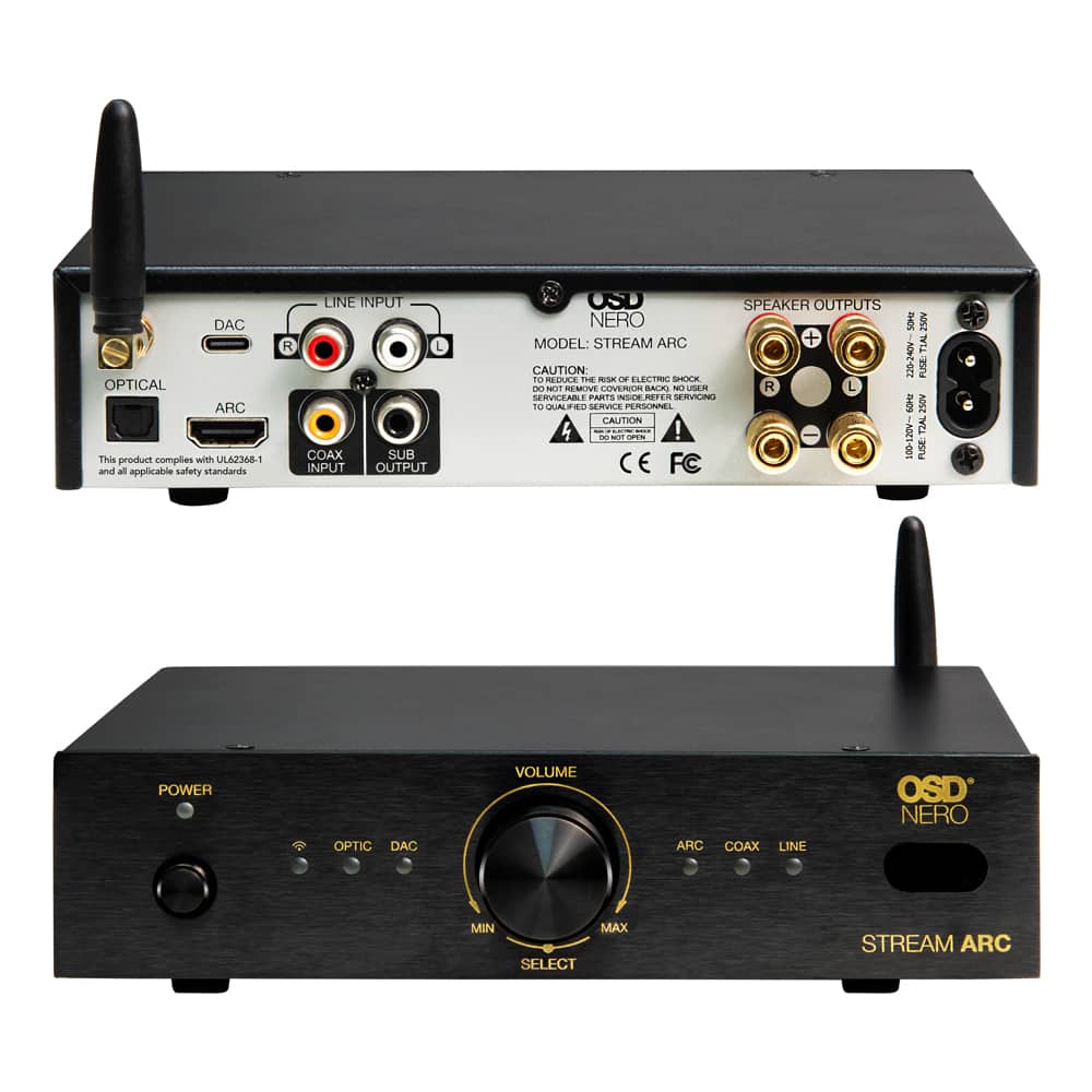 OSD Audio - Nero Stream ARC 100W x2 Class D Amplifier with HDMI ARC, Bluetooth, USB-C DAC and Optical - Black