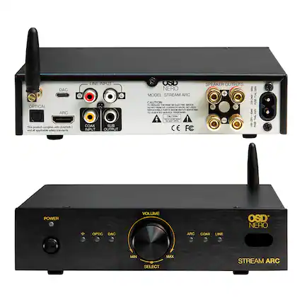 DAC OPTICAL ARC
This product complies with UL62368-1 and all applicable safety standards
LINE INPUT R COAX SUB INPUT OUTPUT
SPEAKER OUTPUTS
MODEL: STREAM ARC
CAUTION:
REDUCE THE RISK OF ELECTRIC SHOCK
DO NOT REMOVE COVER (OR BACK)
NO USER SERVICEABLE PARTS INSIDE
REFER SERVICING TO QUALIFIED SERVICE PERSONNEL
CAUTION:
NOT OPEN
SOHO
220-240V- 50HZ
100-120V~
250V TIAL FUSE: 250V T2AL FUSE:
POWER
VOLUME
OSD NERO
OPTIC DAC
ARC
COAX LINE
MIN
MAX SELECT
STREAM ARC