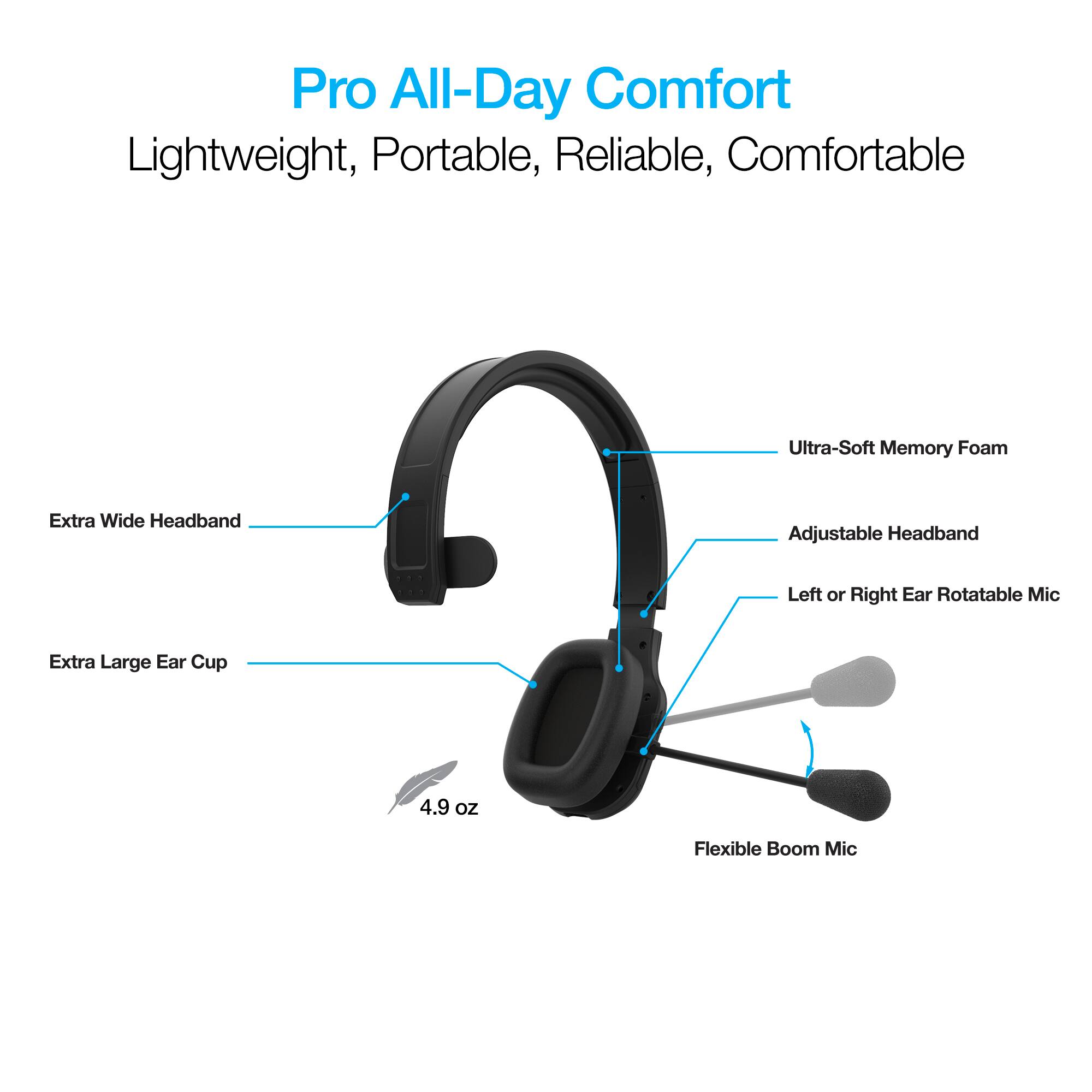 Pro All-Day Comfort  
Lightweight, Portable, Reliable, Comfortable  

- Extra Wide Headband  
- Ultra-Soft Memory Foam  
- Adjustable Headband  
- Left or Right Ear Rotatable Mic  
- Extra Large Ear Cup  
- Flexible Boom Mic  
- 4.9 oz