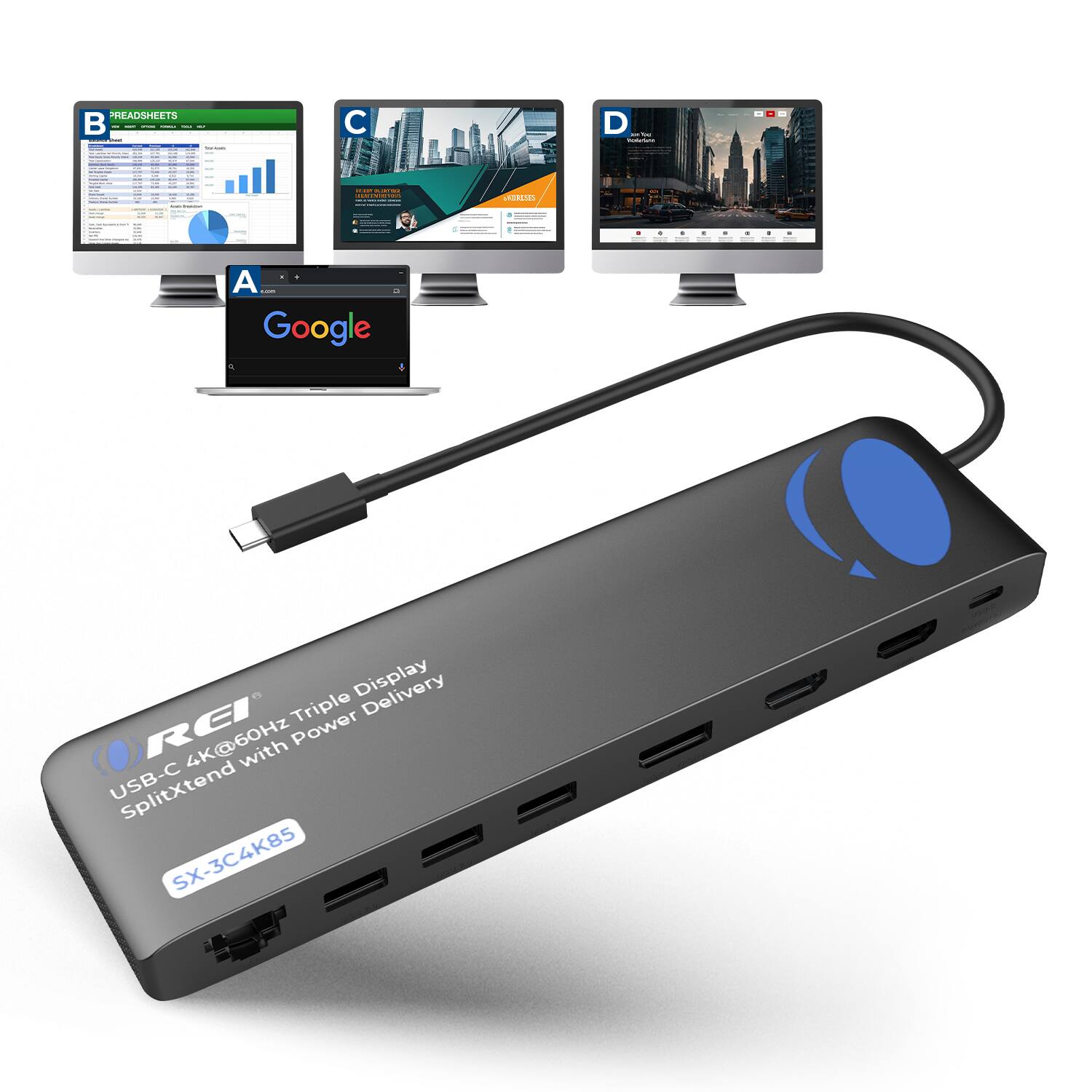 Orei - SplitXtend Docking Hub with USB-C input, USB-A - SX-3C4K85 - Black