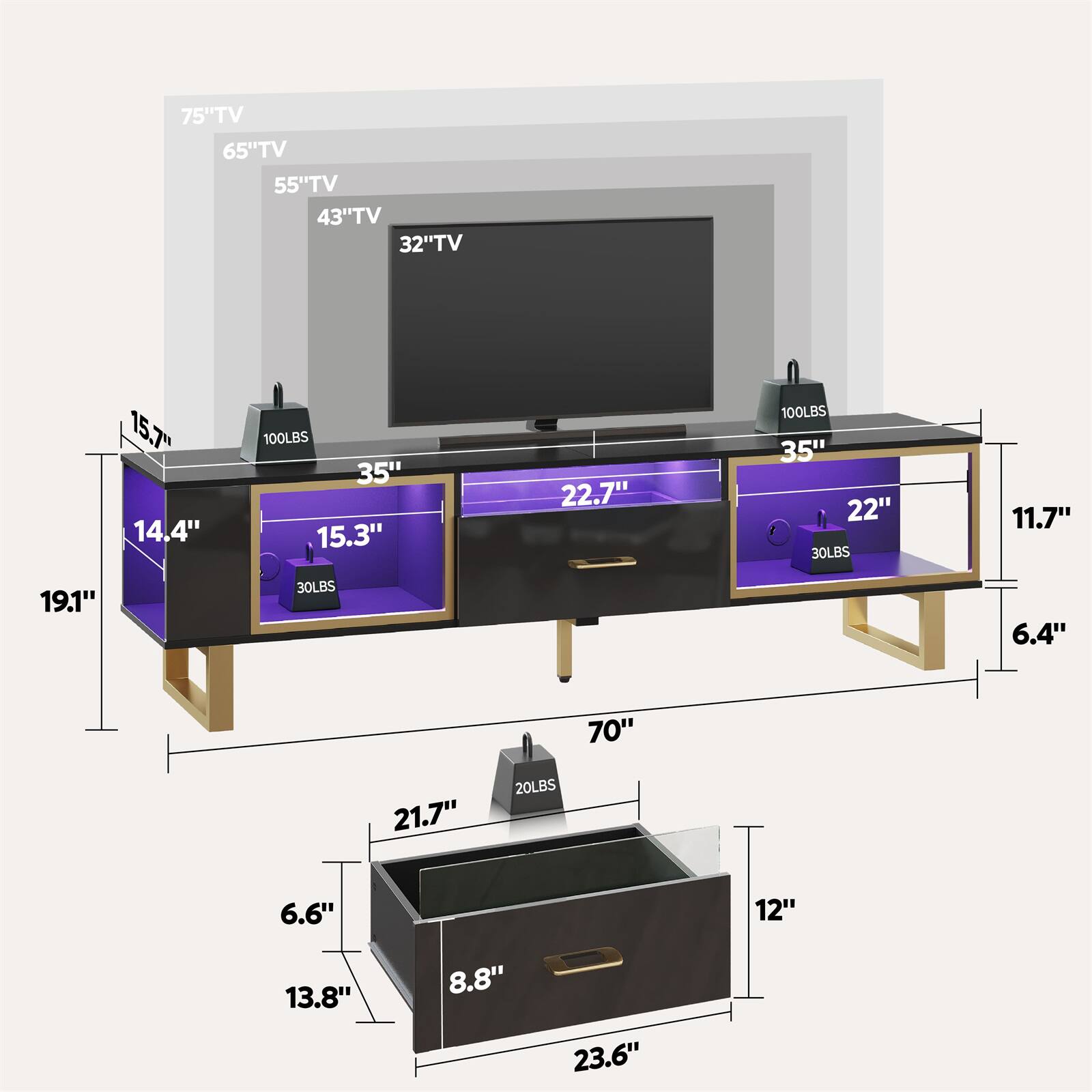 - 75" TV
- 65" TV
- 55" TV
- 43" TV
- 32" TV

- 15.7"
- 14.4"
- 100LBS
- 35"
- 15.3"
- 22.7"
- 100LBS
- 35"
- 22"
- 30LBS
- 11.7"
- 19.1"
- 30LBS
- 6.4"
- 70"
- 21.7"
- 20LBS
- 6.6"
- 12"
- 13.8"
- 8.8"
- 23.6"