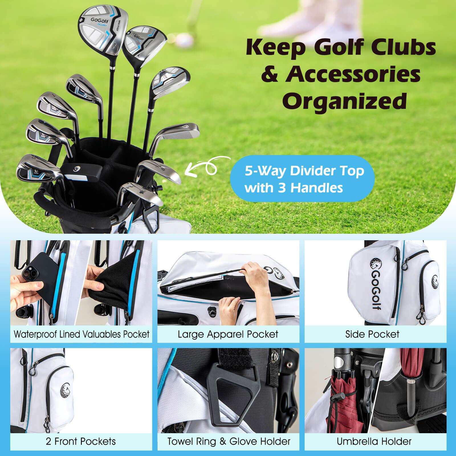 GOGOir - I Gonoe Keep Golf Clubs & Accessories Organized  
5-Way Divider Top with 3 Handles  
Waterproof Lined Valuables Pocket  
Large Apparel Pocket  
2 Front Pockets  
Towel Ring & Glove Holder  
Umbrella Holder  
Side Pocket