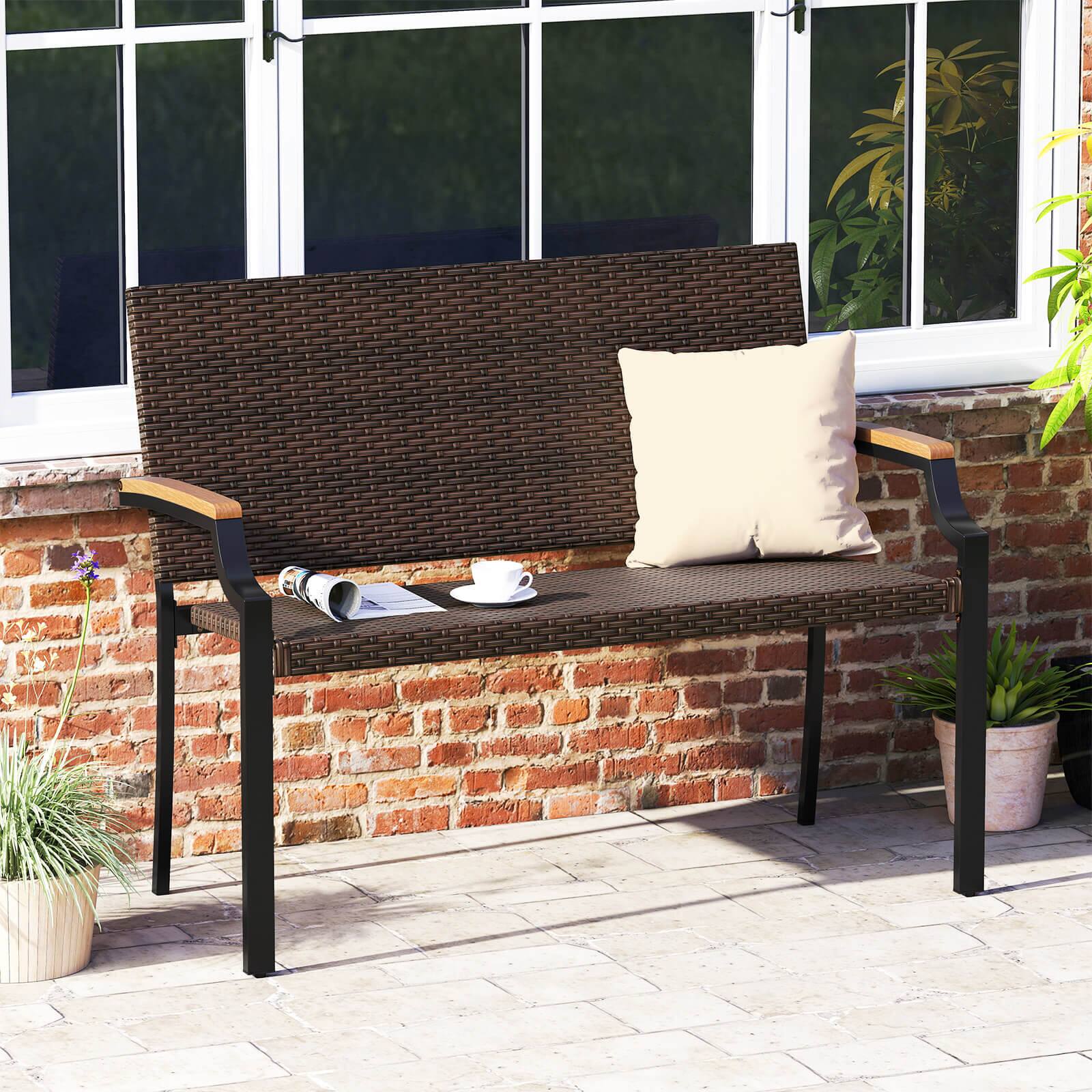 Alt View 1. Costway - Costway 2 PCS Patio Wicker Loveseat Chair with Acacia Wood Armrests Metal Frame for Backyard - Brown.