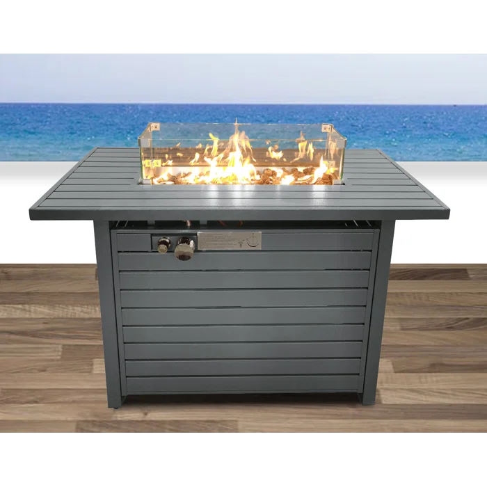 Front. APRILSOUL - 25 inch H x 42 inch W Steel Propane Outdoor Fire Pit Table with Lid - Grey.
