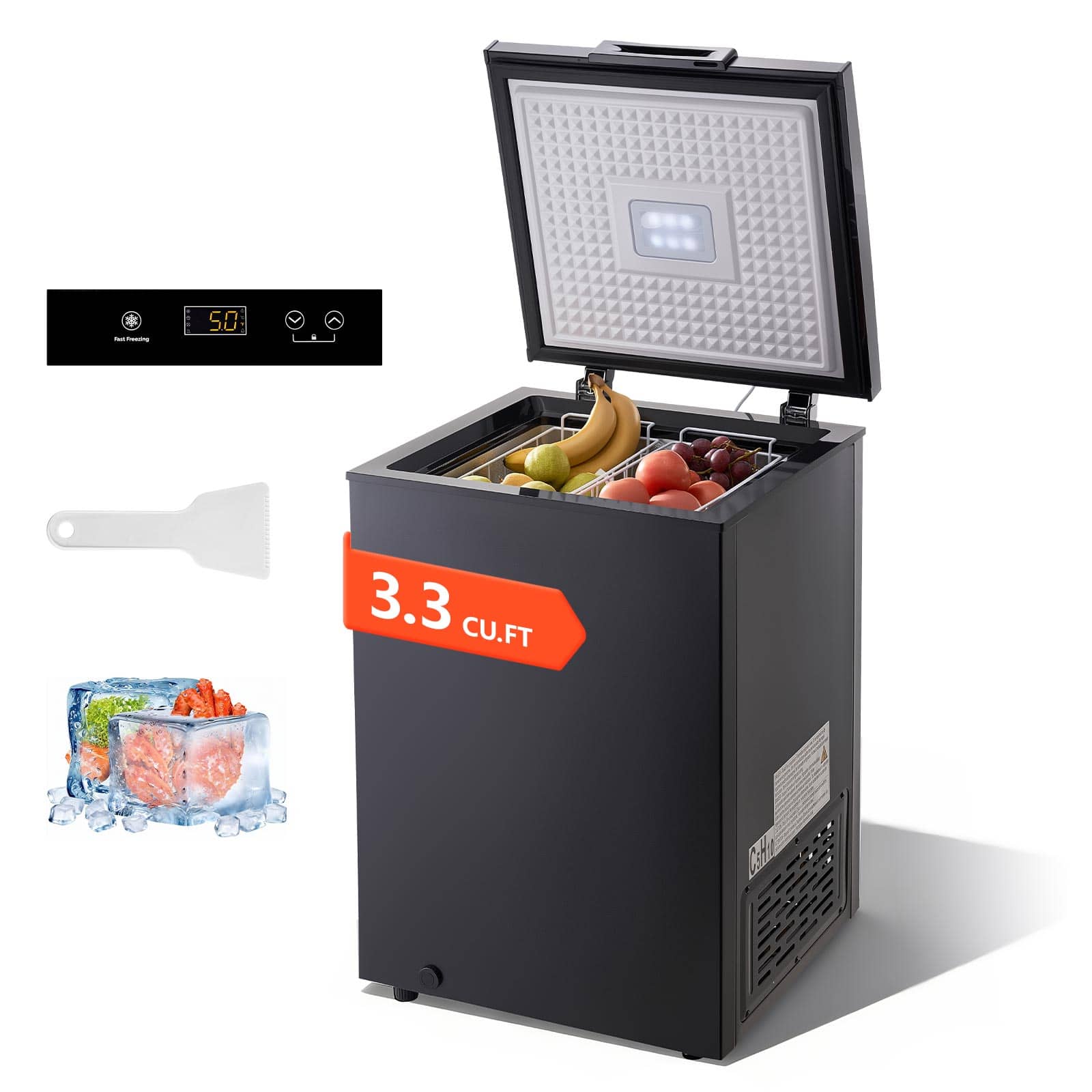 VEVOR - Chest Freezer, 3.3 Cu.ft Compact Deep Freezer, Free Standing Top Open Door Chest Freezers with 2 Removable Baskets - Black