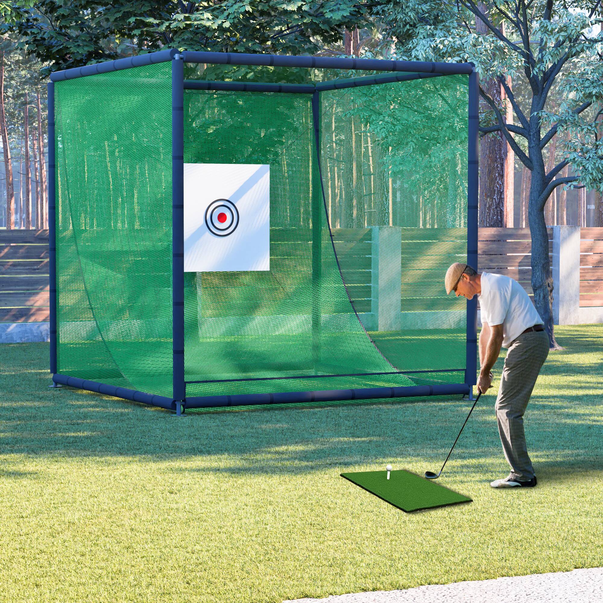 Front. ELEMENT ACE - 10 x 10 x 10FT Golf Practice Net Cage with Metal Frame Hitting Net Kit for Backyard, Golf Training Simulators - Black.
