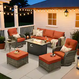 Ovios - 7 PCS Patio Furniture Set, Rattan Sofa with Swivel Chair, Ottoman & 42" Fire Pit Table - Orange Red