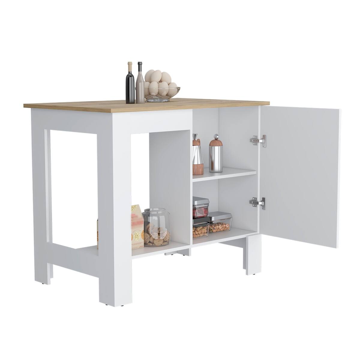 Angle. Loheer - Loheer White Kitchen Island with Single Door Cabinet and Macadamia Finish Top - White.