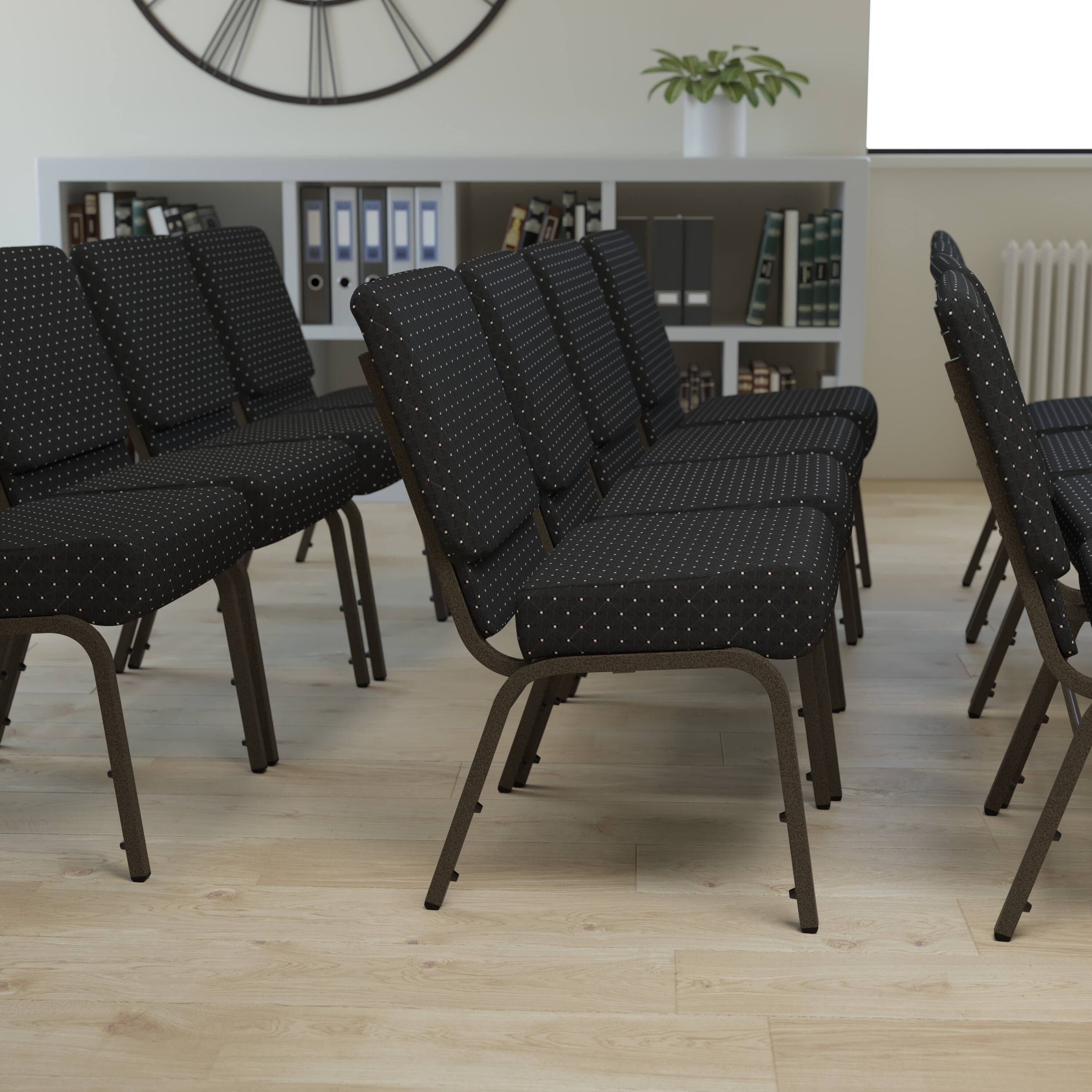 Alt View 1. Emma + Oliver - 4 Pack 21''W Stacking Church Chair - Black Dot Patterned Fabric/Gold Vein Frame.