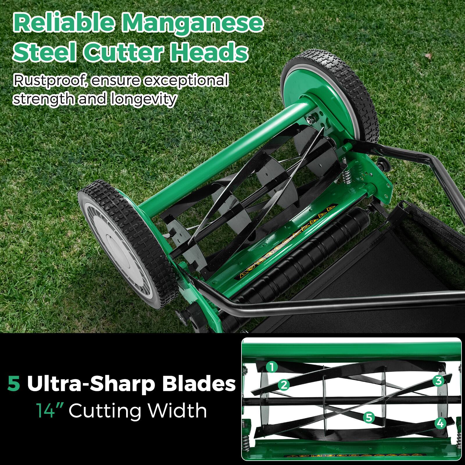 Gymax 14'' Manual Reel Mower w/ 5 Blade 6.6 Gallon Removable Grass