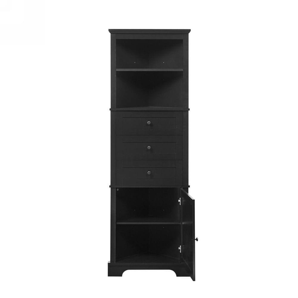 Alt View 6. Kadyn - Black Triangle Tall Cabinet with 3 Drawers and Adjustable Shelves for Bathroom, Kitchen or Living Room, MDF Board - Black.