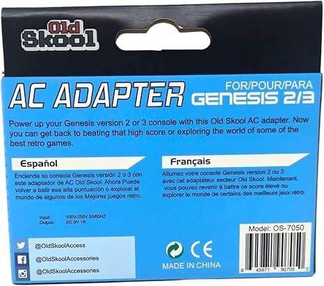 Old Skool  
AC ADAPTER  
FOR/POUR/PARA GENESIS 2/3  
Power up your Genesis version 2 or 3 console with this Old Skool AC adapter. Now you can get back to beating that high score or exploring the world of some of the best retro games.  

Español  
Encienda su consola Genesis versión 2 o 3 con este adaptador de AC Old Skool. Ahora puede volver a batir esa alta puntuación o explorar el mundo de algunos de los mejores juegos retro.  

Français  
Allumez votre console Genesis version 2 ou 3 avec cet adaptateur secteur Old Skool. Maintenant, vous pouvez revenir à battre ce score élevé ou explorer le monde de certains des meilleurs jeux rétro.  

Inout Output  
100V-250V SCROCHZ DC 2V 1A  
Model: OS-7050  

@OldSkoolAccess  
@OldSkoolAccessories  
@OldSkoolAccessories  

MADE IN CHINA  
6  
45871  
S0705