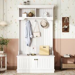 GOODSILO - Multifunctional Entryway Hall Tree with Coat Racks Shoe Bench Storage Cabinet and Display Shelf - White