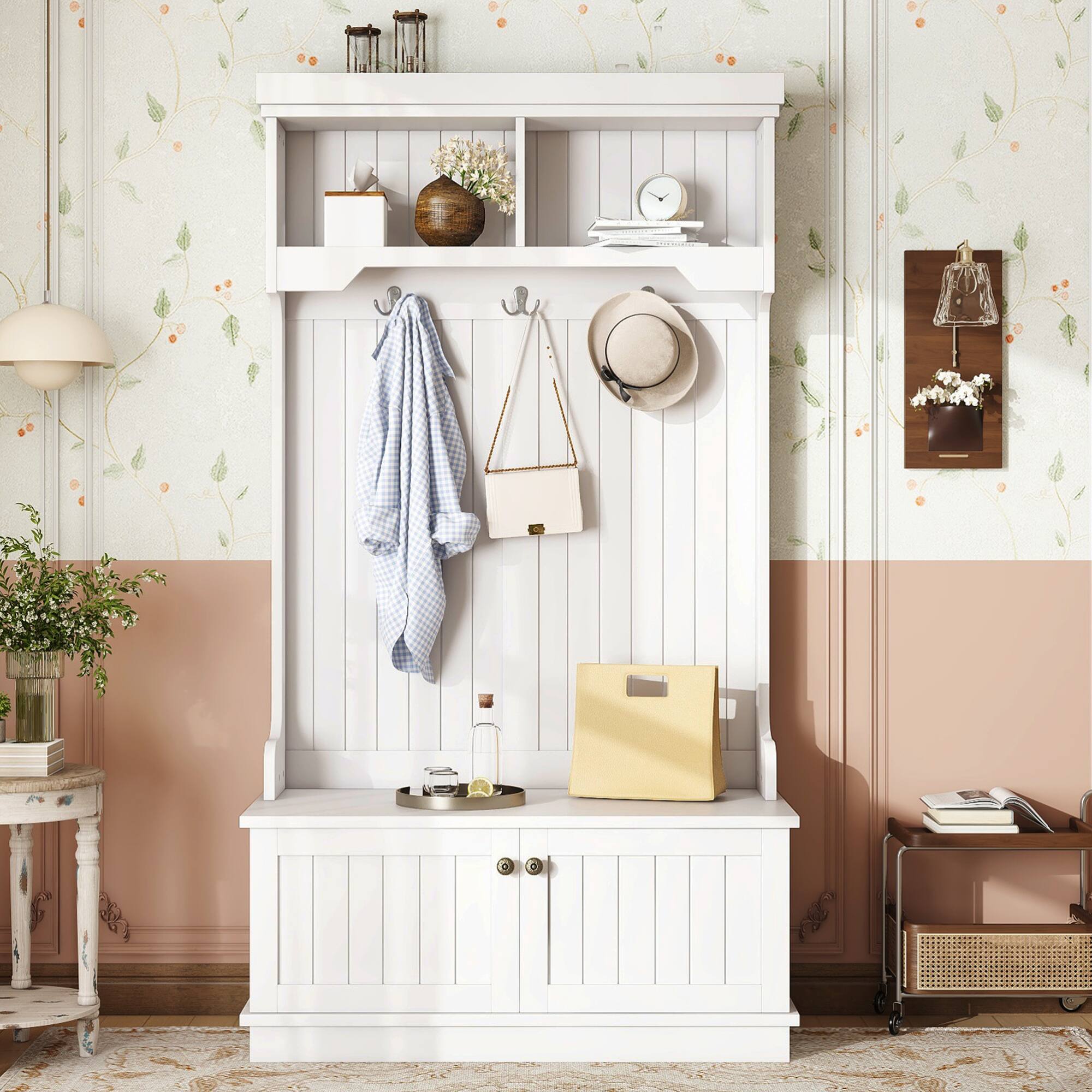 Front. GOODSILO - Multifunctional Entryway Hall Tree with Coat Racks Shoe Bench Storage Cabinet and Display Shelf - White.