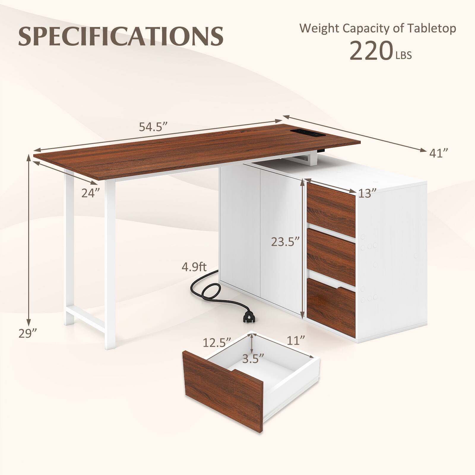 SPECIFICATIONS  
Weight Capacity of Tabletop: 220 LBS  
Dimensions:  
- Length: 54.5"  
- Width: 41"  
- Height: 29"  
- Depth: 24"  
- Cabinet Height: 13"  
- Cabinet Width: 23.5"  
- Drawer Height: 3.5"  
- Drawer Width: 12.5"  
- Overall Height: 4.9ft